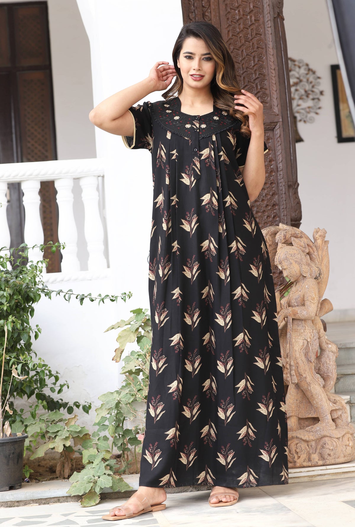 Womens Jet Black Alpine Fabric Printed Maxi Nighty | Premium Soft Full Length Nightgown with Side Pocket