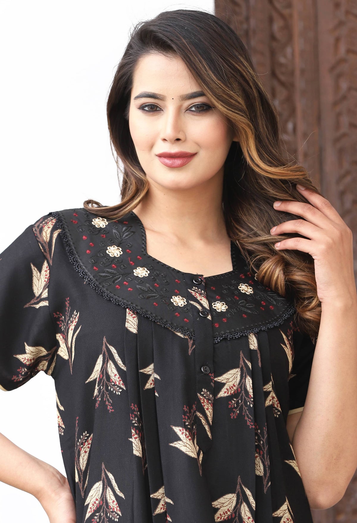 Womens Jet Black Alpine Fabric Printed Maxi Nighty | Premium Soft Full Length Nightgown with Side Pocket