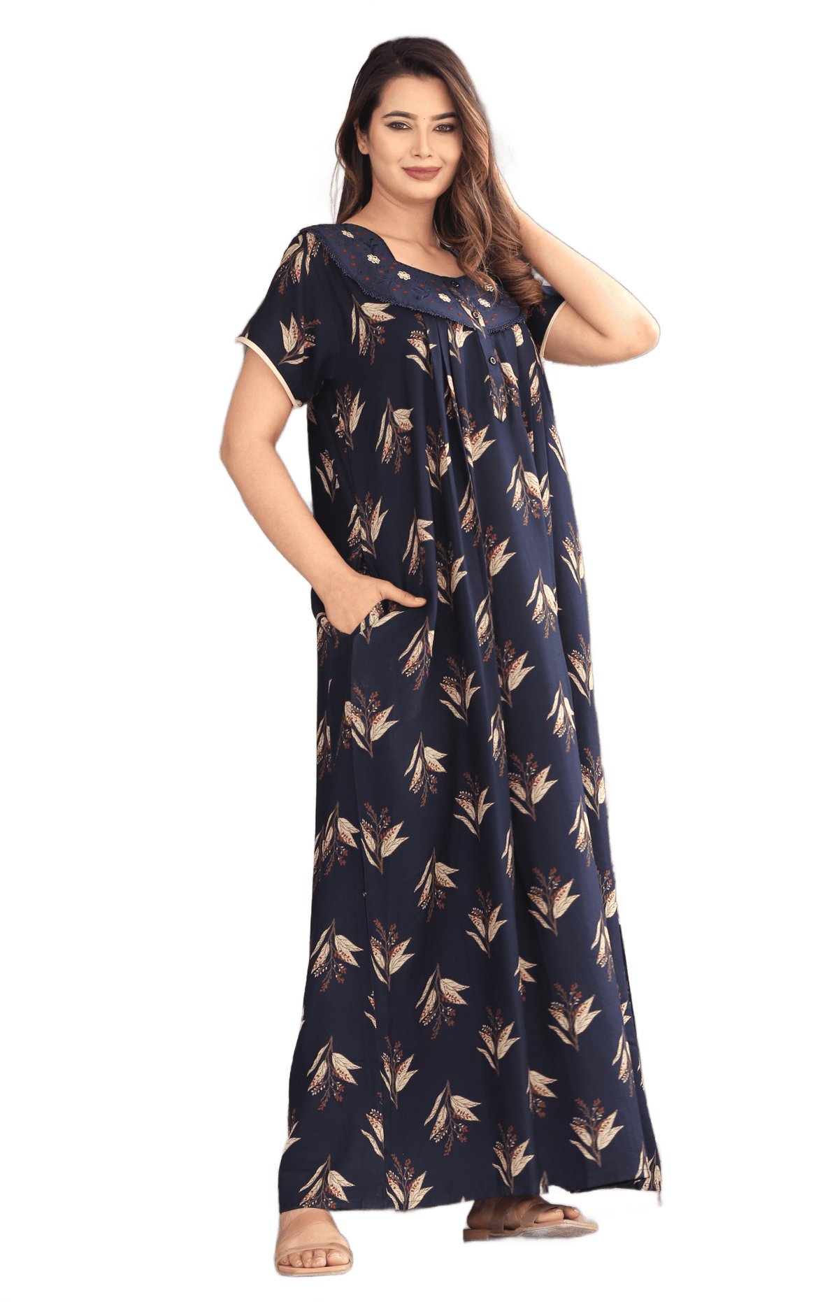 Womens Navy Blue Alpine Fabric Printed Maxi Nighty | Premium Soft Full Length Nightgown with Side Pocket