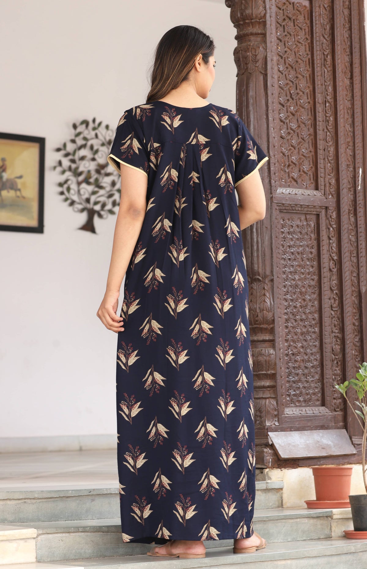 Womens Navy Blue Alpine Fabric Printed Maxi Nighty | Premium Soft Full Length Nightgown with Side Pocket
