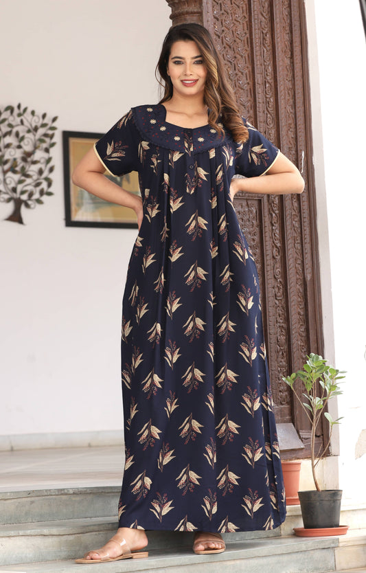 Womens Navy Blue Alpine Fabric Printed Maxi Nighty | Premium Soft Full Length Nightgown with Side Pocket