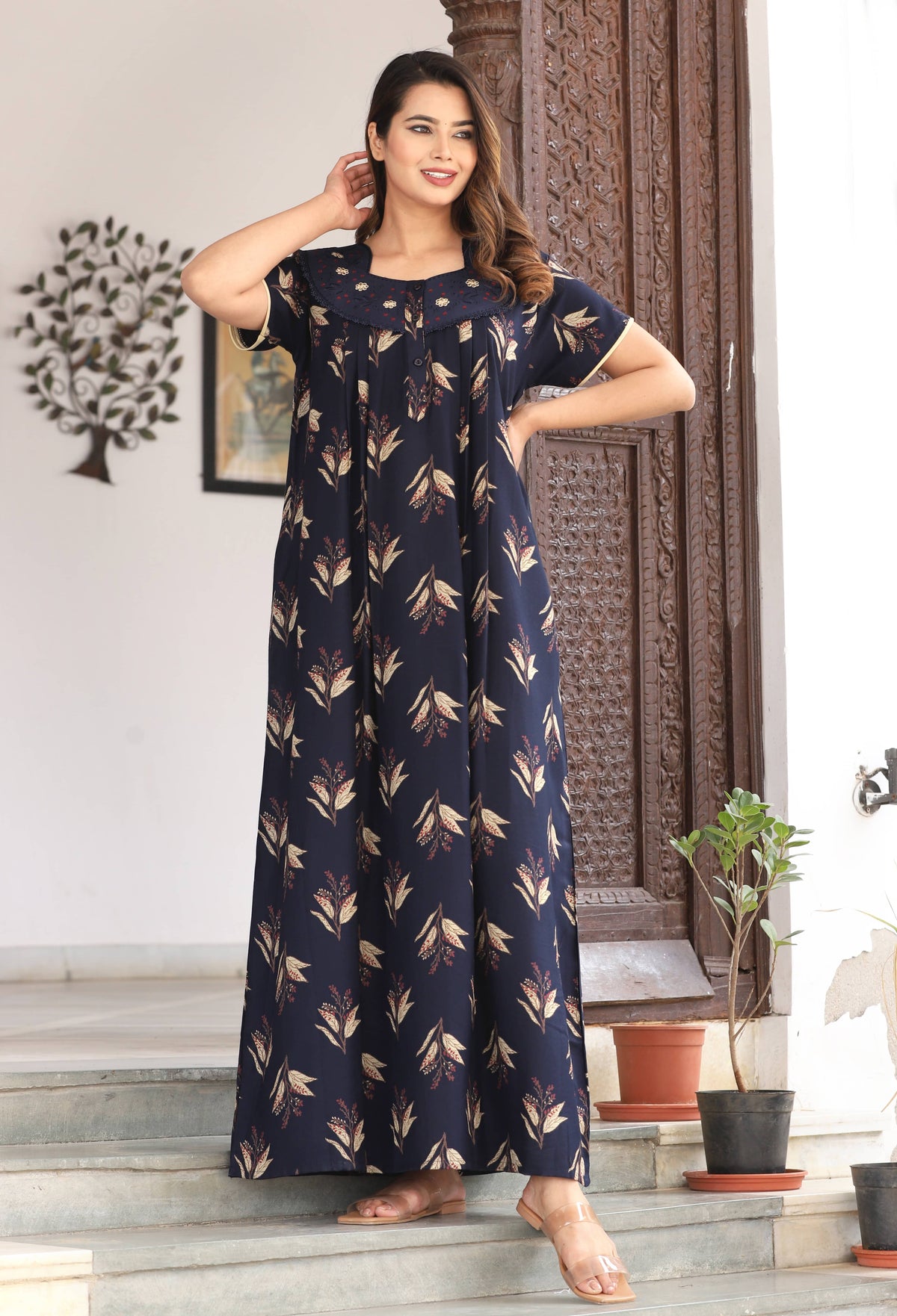 Womens Navy Blue Alpine Fabric Printed Maxi Nighty | Premium Soft Full Length Nightgown with Side Pocket
