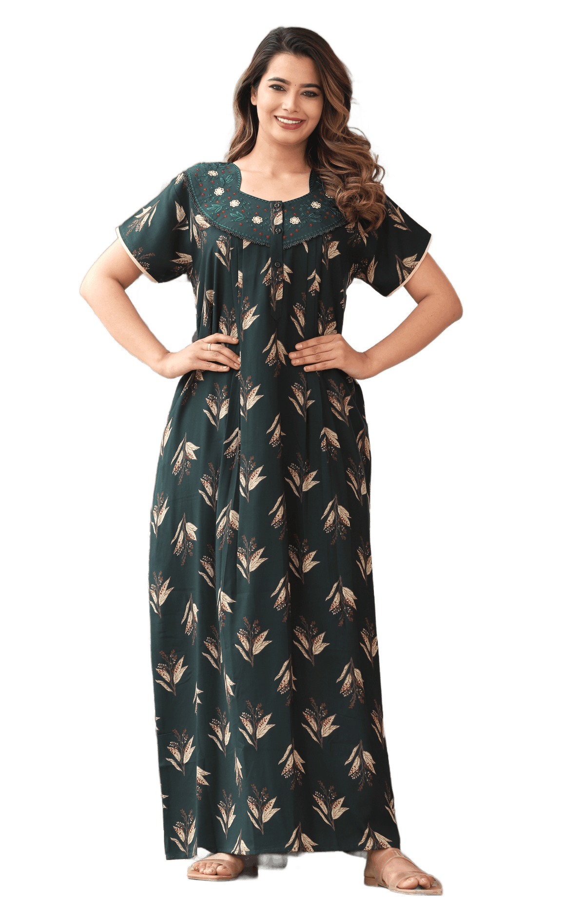 Womens Bottle Green Alpine Fabric Printed Maxi Nighty | Premium Soft Full Length Nightgown with Side Pocket