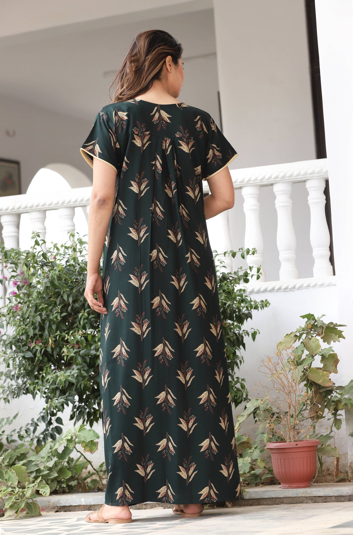Womens Bottle Green Alpine Fabric Printed Maxi Nighty | Premium Soft Full Length Nightgown with Side Pocket