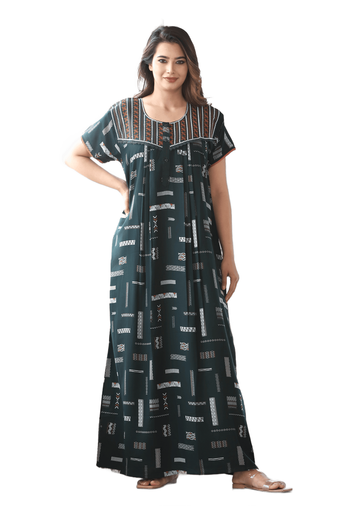 Womens Bottle Green Alpine Fabric Geometric Printed Maxi Nighty | Premium Soft Full Length Nightgown with Side Pocket