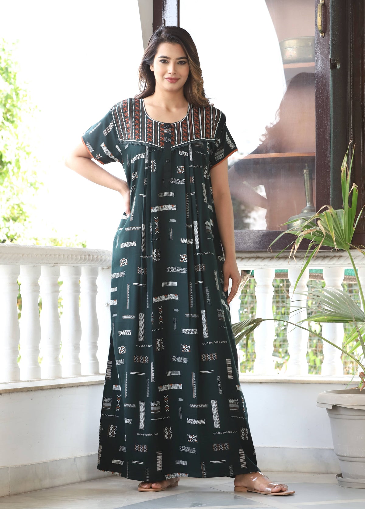 Womens Bottle Green Alpine Fabric Geometric Printed Maxi Nighty | Premium Soft Full Length Nightgown with Side Pocket