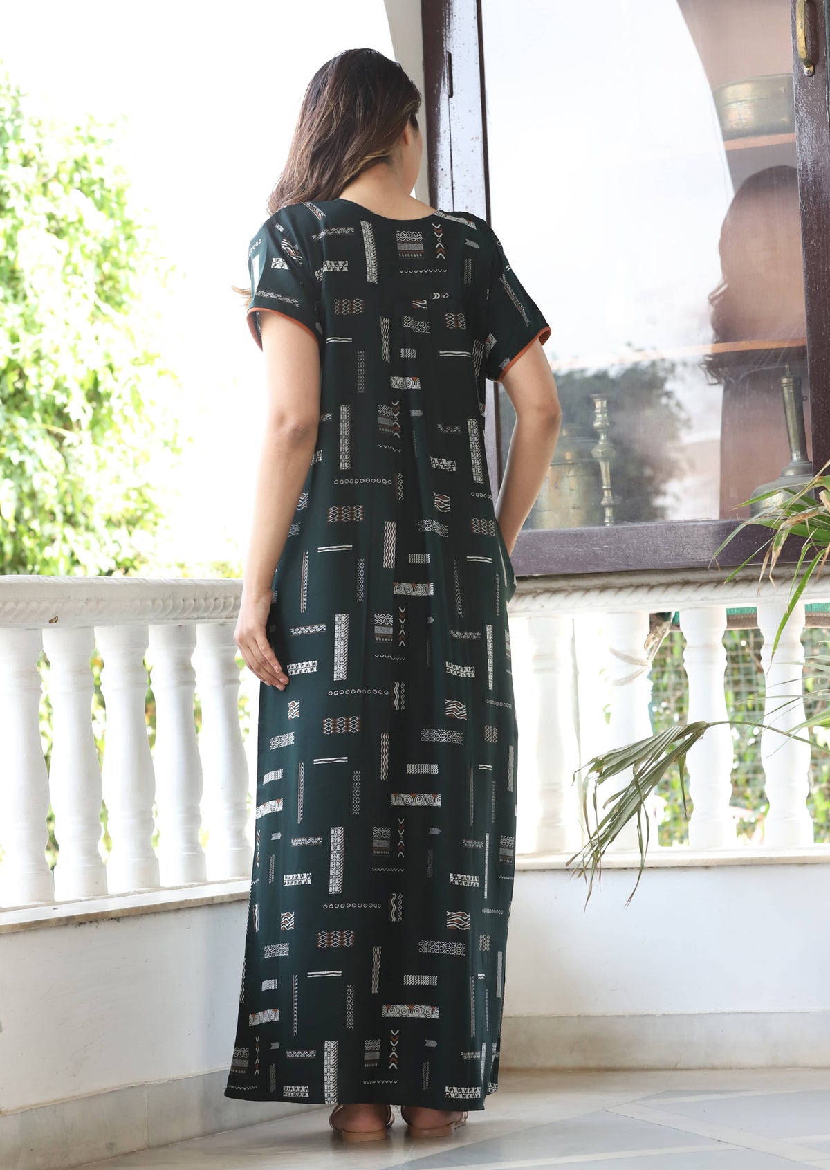Womens Bottle Green Alpine Fabric Geometric Printed Maxi Nighty | Premium Soft Full Length Nightgown with Side Pocket