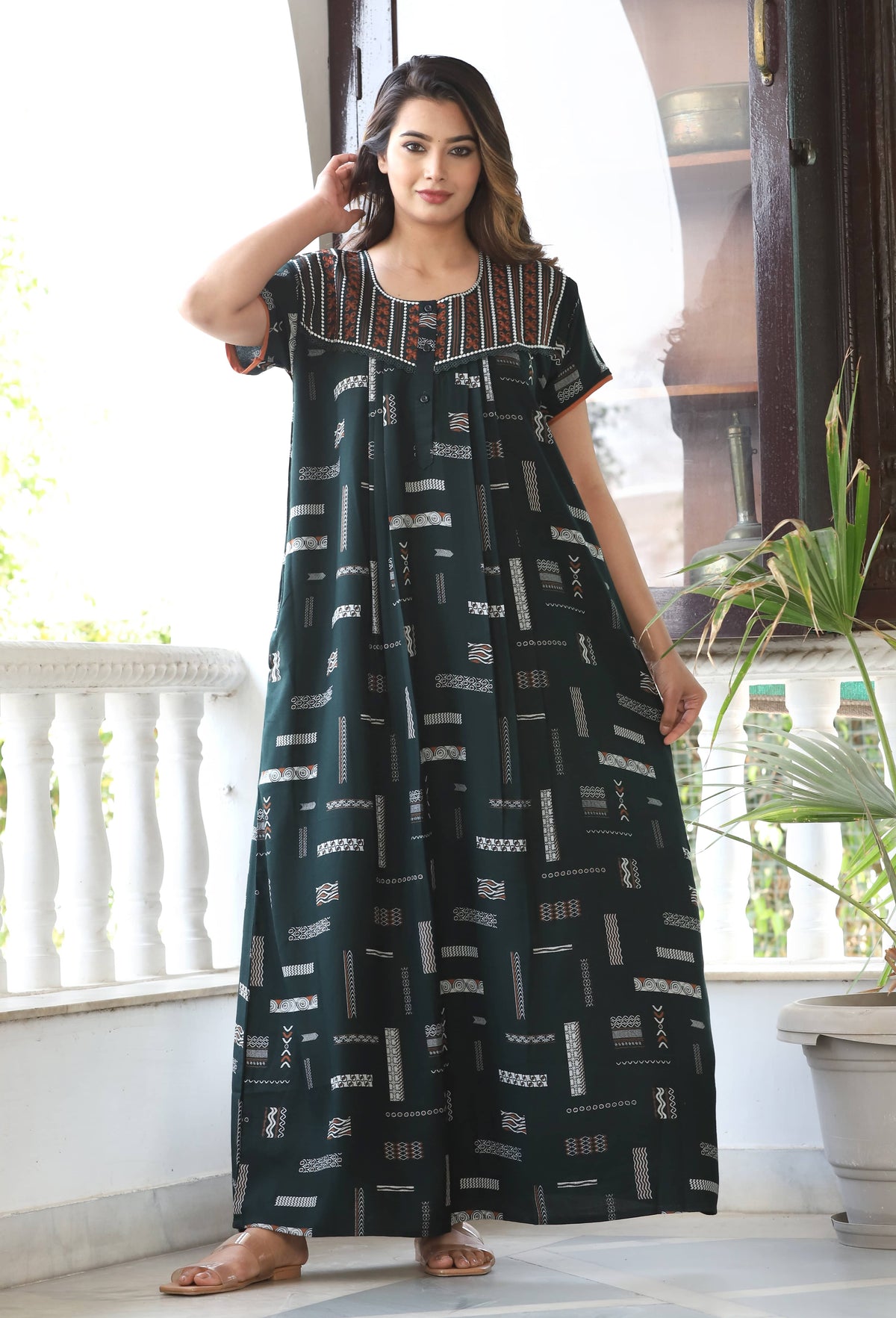 Womens Bottle Green Alpine Fabric Geometric Printed Maxi Nighty | Premium Soft Full Length Nightgown with Side Pocket