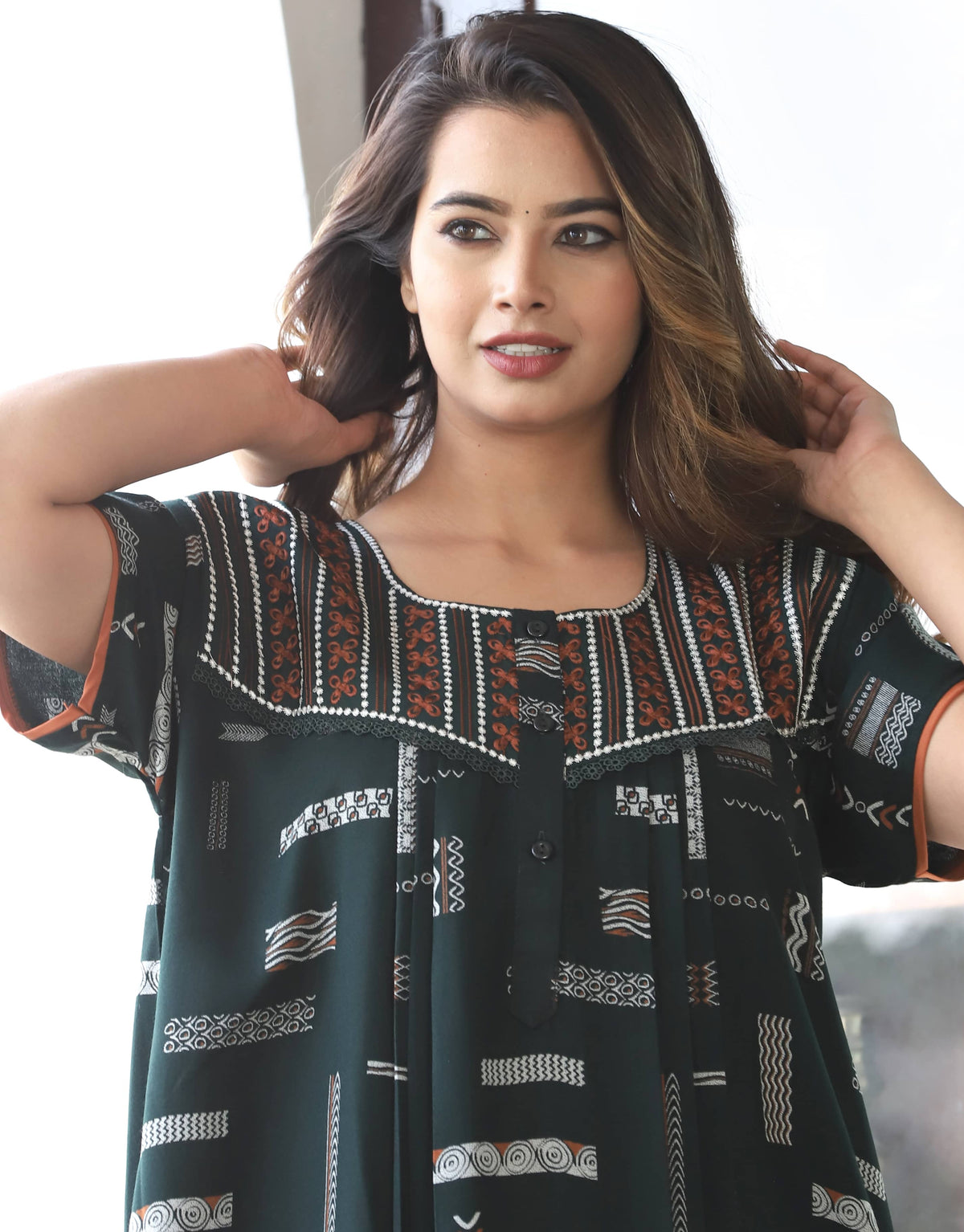 Womens Bottle Green Alpine Fabric Geometric Printed Maxi Nighty | Premium Soft Full Length Nightgown with Side Pocket