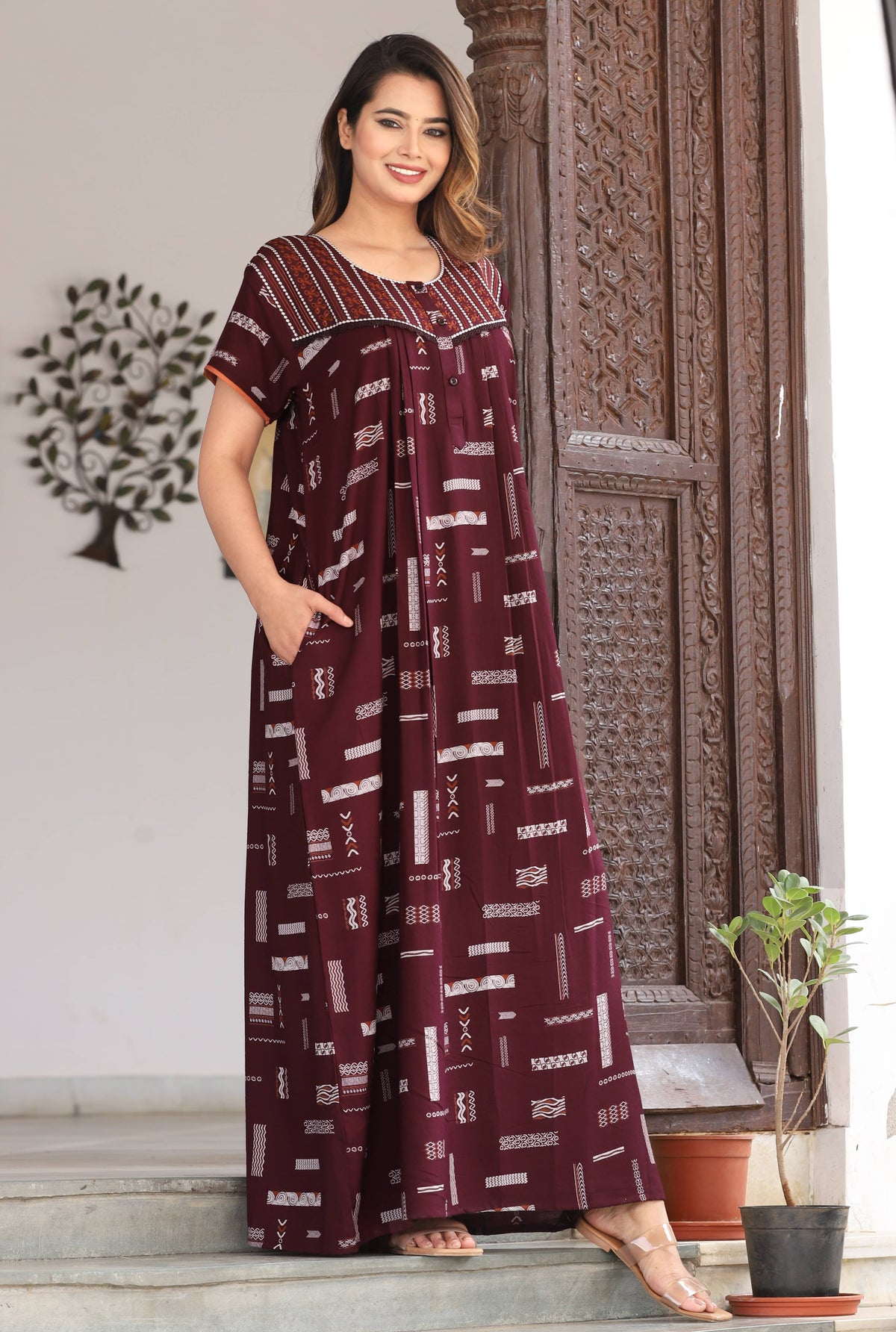Womens Maroon Alpine Fabric Geometric Printed Maxi Nighty | Premium Soft Full Length Nightgown with Side Pocket