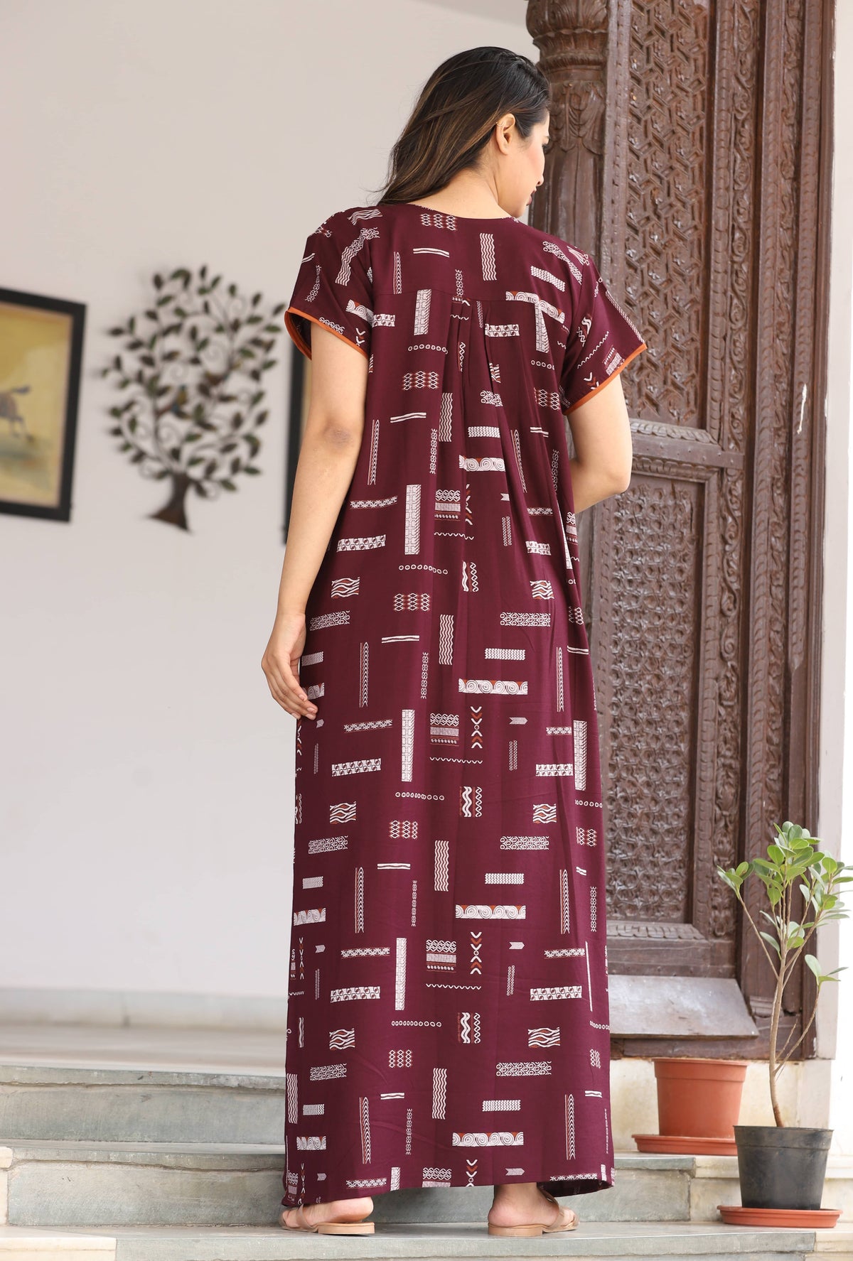 Womens Maroon Alpine Fabric Geometric Printed Maxi Nighty | Premium Soft Full Length Nightgown with Side Pocket