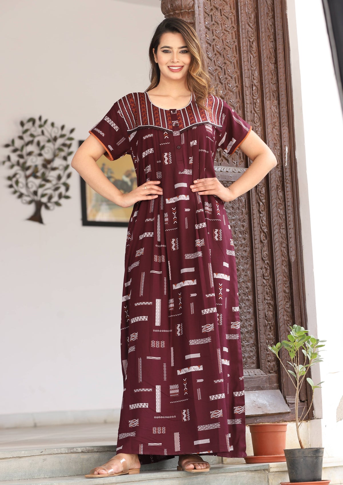 Womens Maroon Alpine Fabric Geometric Printed Maxi Nighty | Premium Soft Full Length Nightgown with Side Pocket