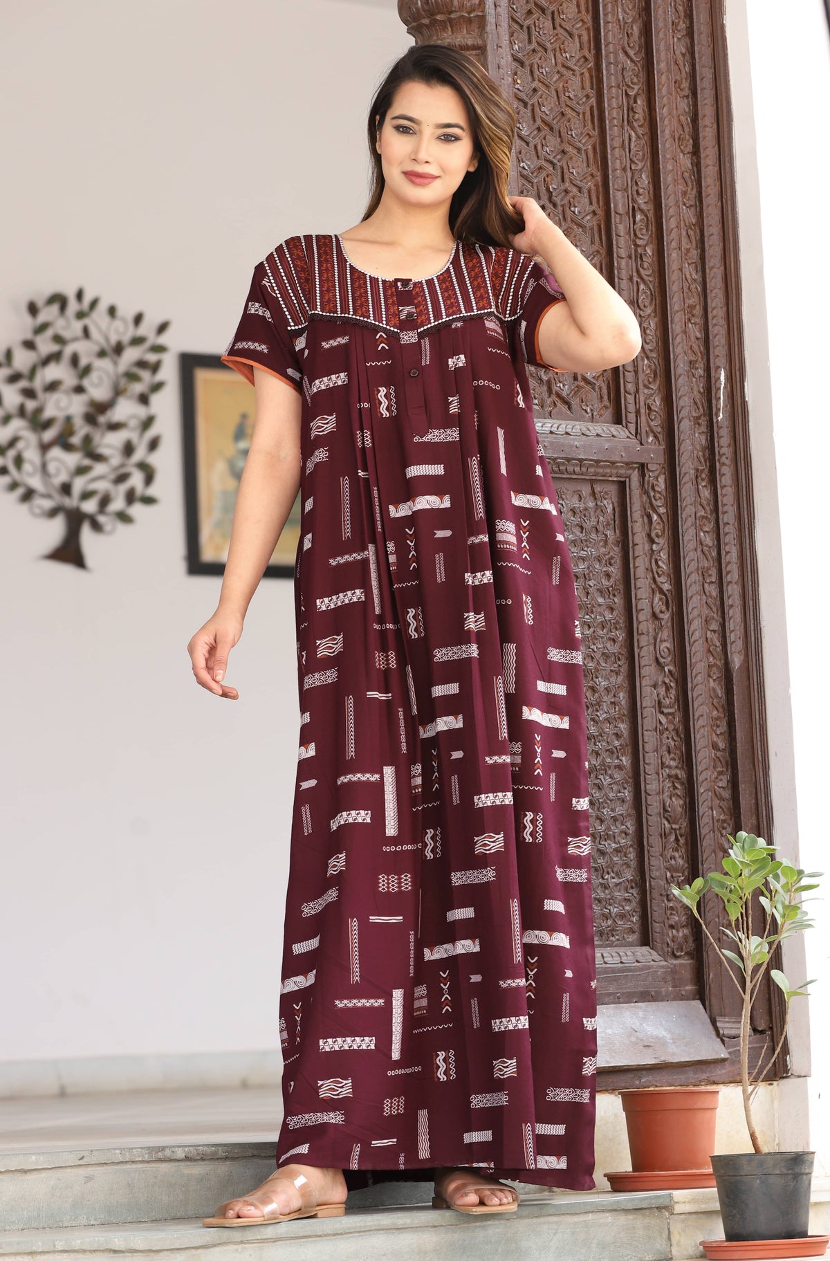 Womens Maroon Alpine Fabric Geometric Printed Maxi Nighty | Premium Soft Full Length Nightgown with Side Pocket