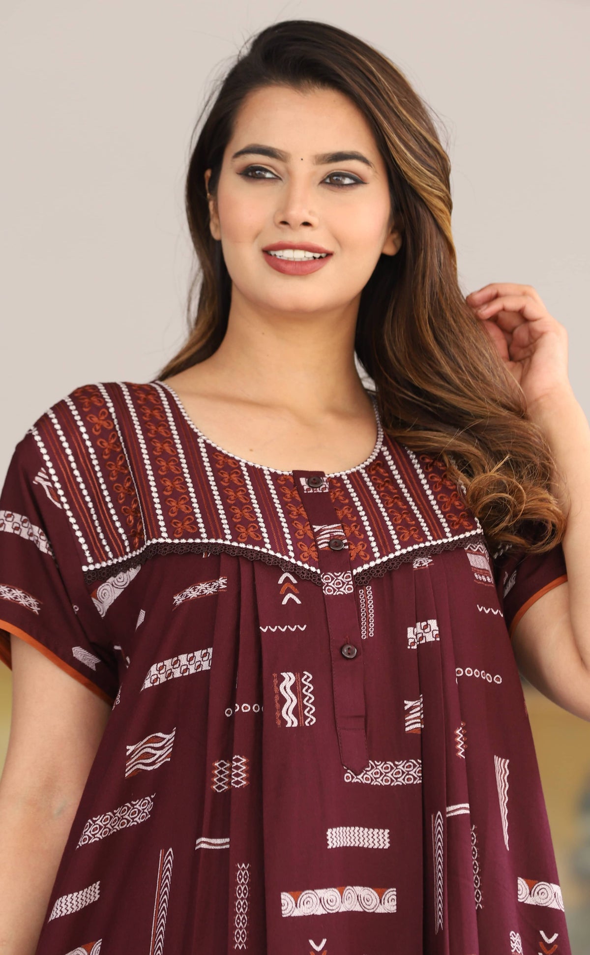 Womens Maroon Alpine Fabric Geometric Printed Maxi Nighty | Premium Soft Full Length Nightgown with Side Pocket