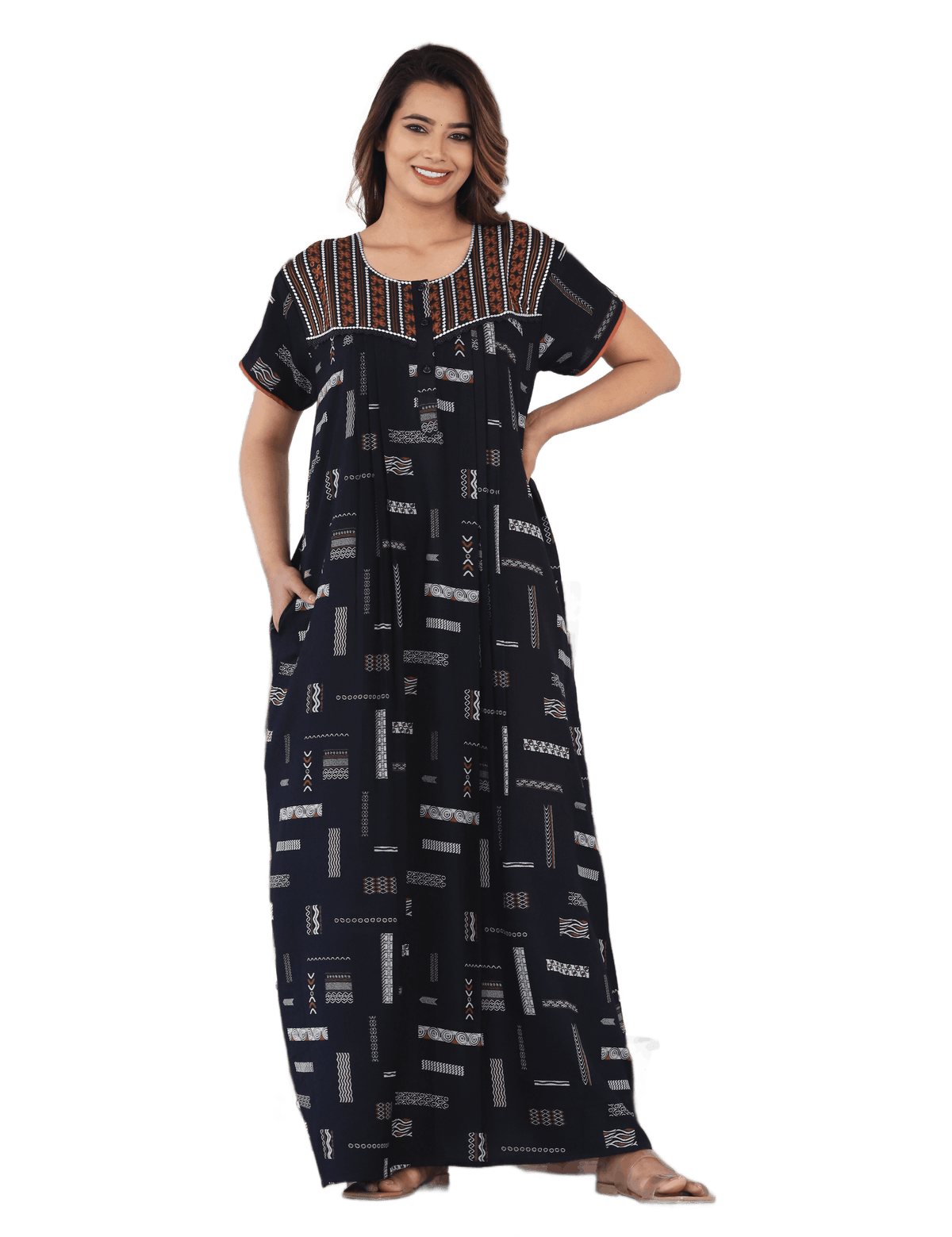 Womens Jet Black Alpine Fabric Geometric Printed Maxi Nighty | Premium Soft Full Length Nightgown with Side Pocket
