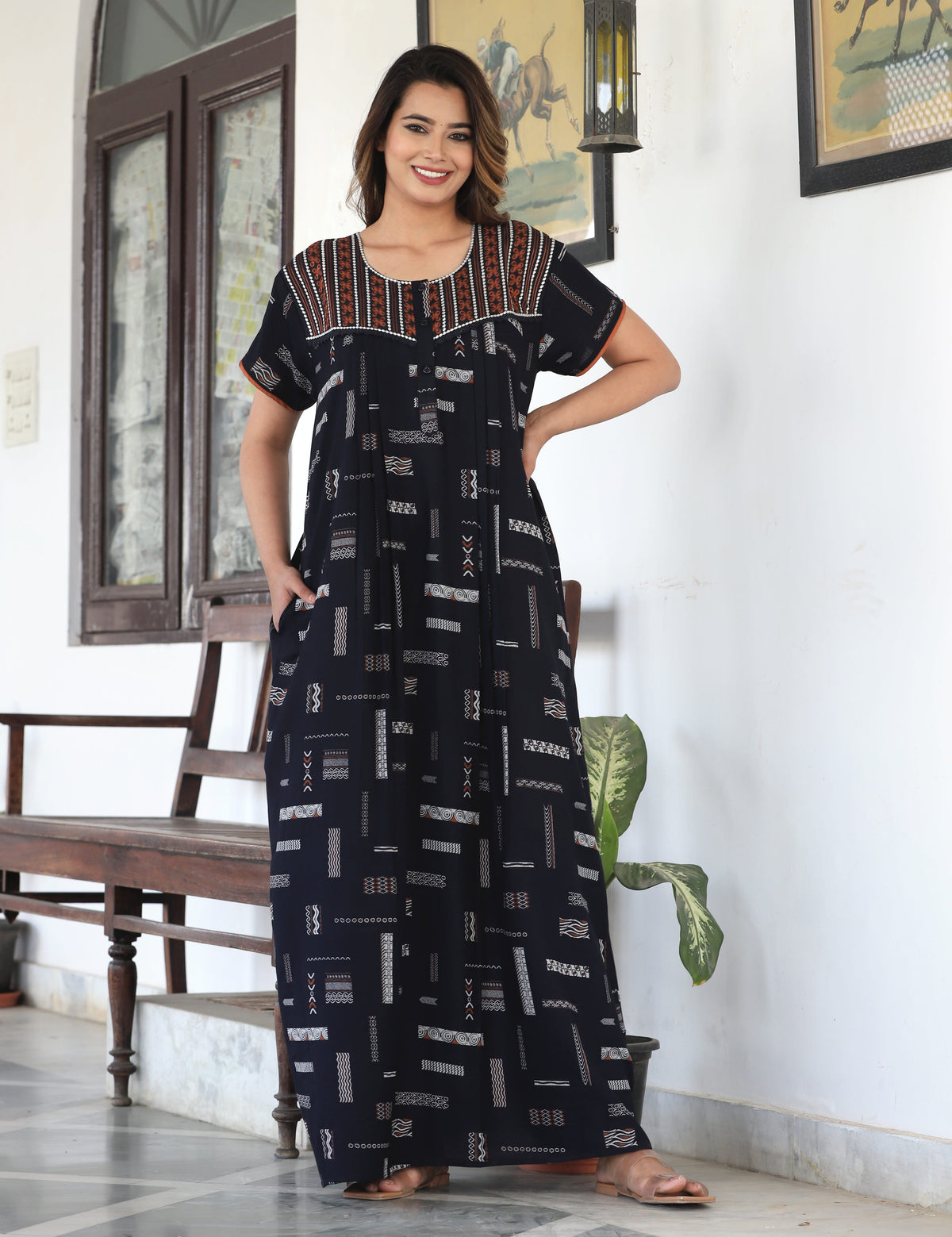Womens Jet Black Alpine Fabric Geometric Printed Maxi Nighty | Premium Soft Full Length Nightgown with Side Pocket
