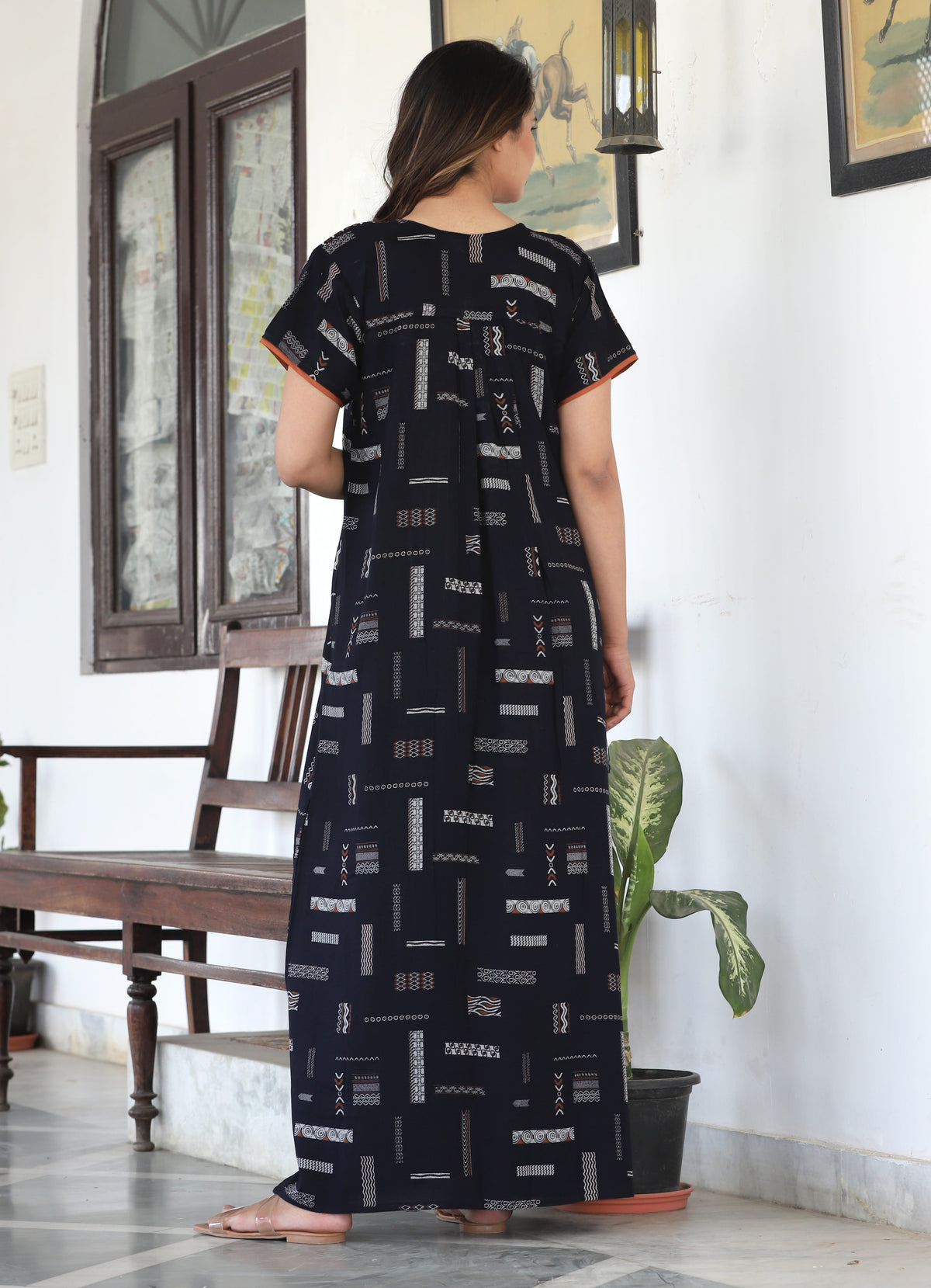 Womens Jet Black Alpine Fabric Geometric Printed Maxi Nighty | Premium Soft Full Length Nightgown with Side Pocket