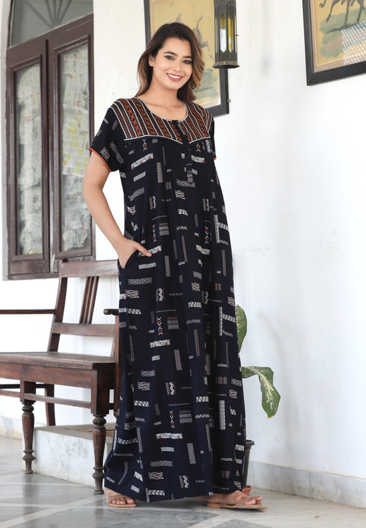 Womens Jet Black Alpine Fabric Geometric Printed Maxi Nighty | Premium Soft Full Length Nightgown with Side Pocket