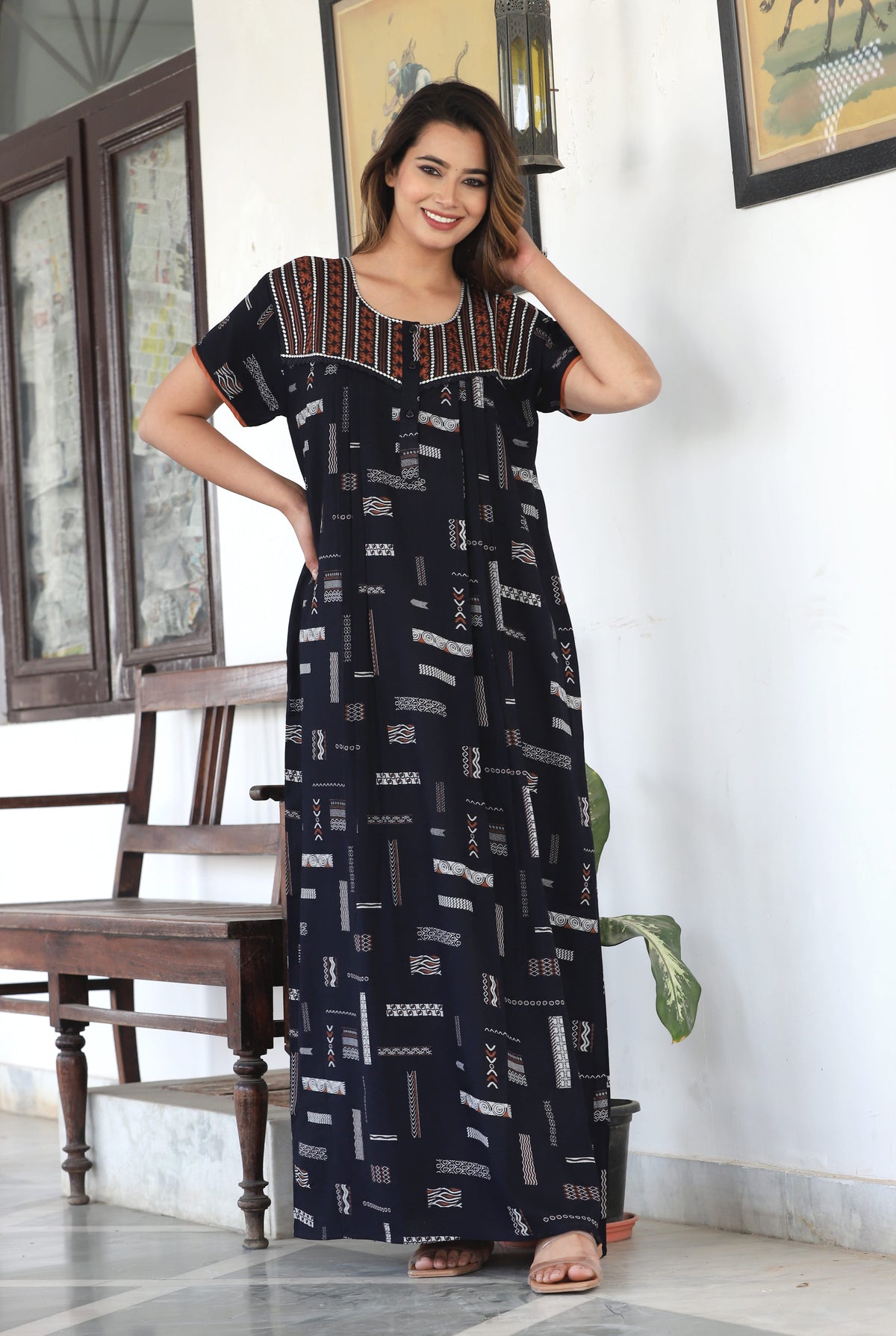 Womens Jet Black Alpine Fabric Geometric Printed Maxi Nighty | Premium Soft Full Length Nightgown with Side Pocket