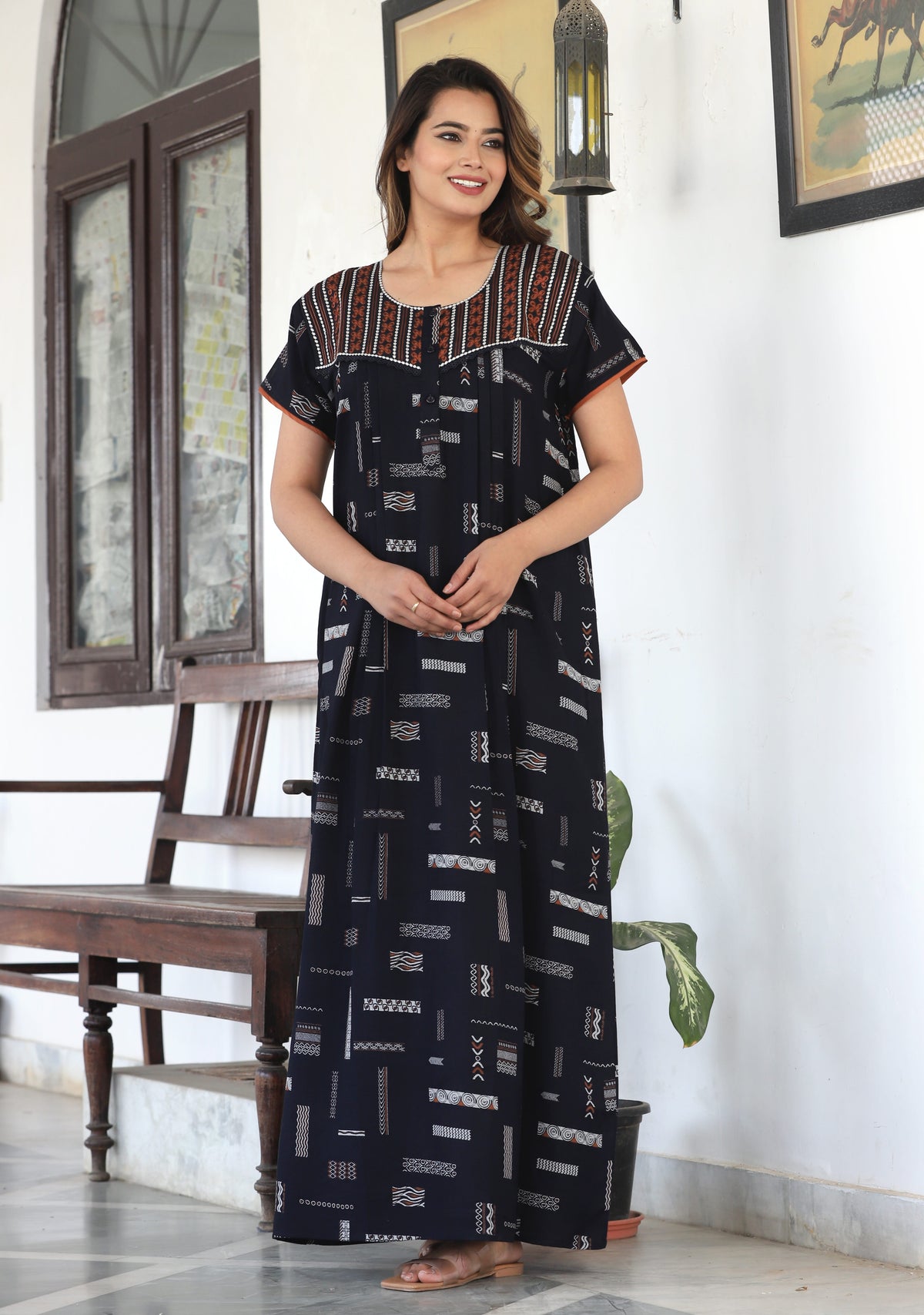 Womens Jet Black Alpine Fabric Geometric Printed Maxi Nighty | Premium Soft Full Length Nightgown with Side Pocket