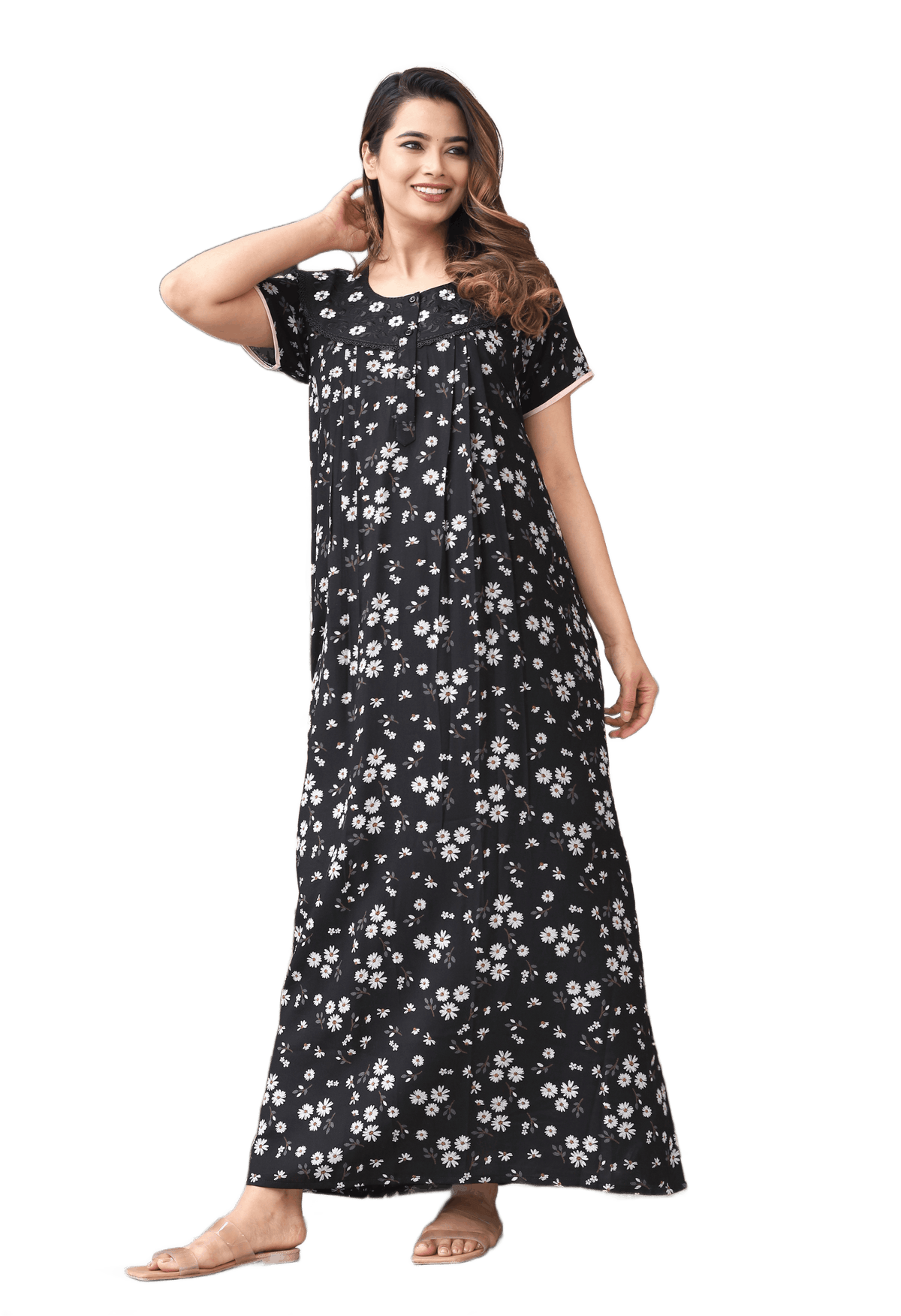 Womens Jet Black Alpine Fabric Daisy Floral Printed Maxi Nighty | Premium Soft Full Length Nightgown with Side Pocket