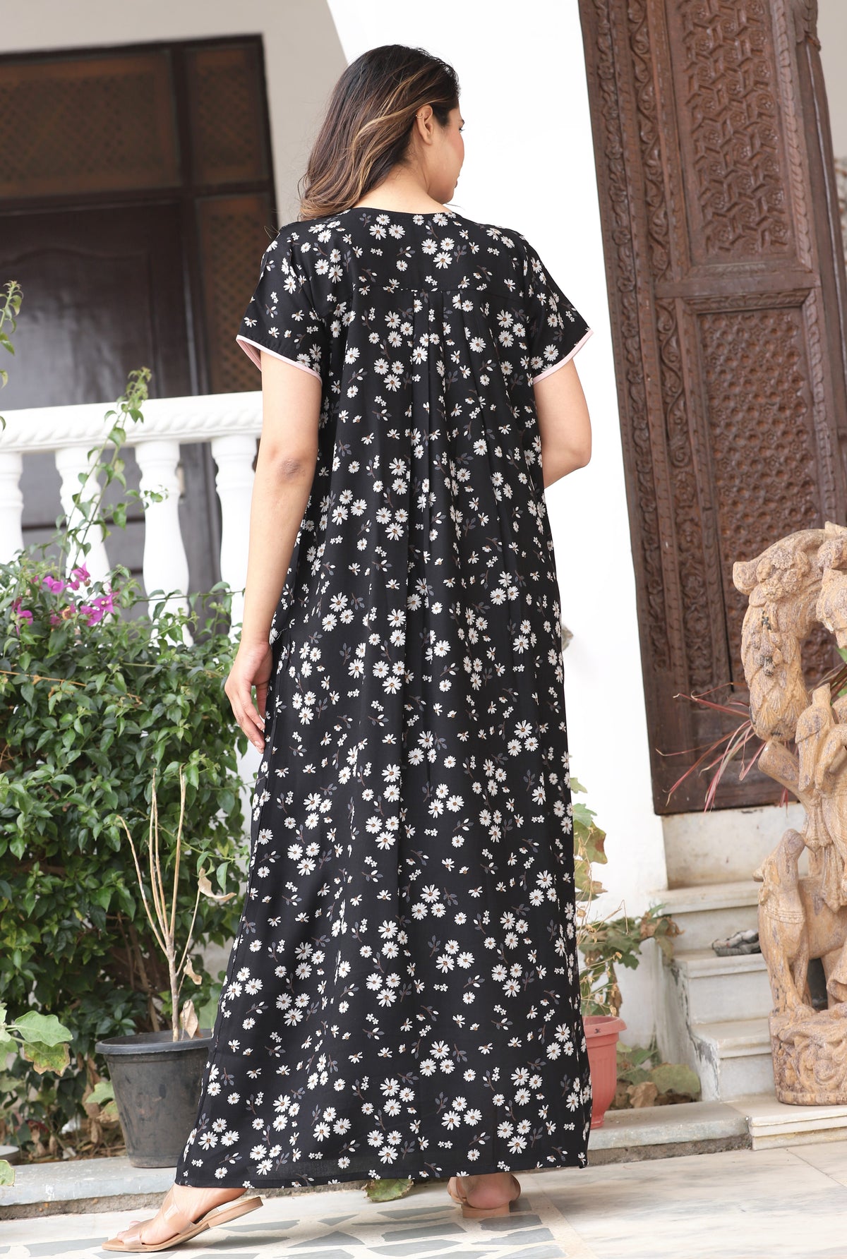 Womens Jet Black Alpine Fabric Daisy Floral Printed Maxi Nighty | Premium Soft Full Length Nightgown with Side Pocket