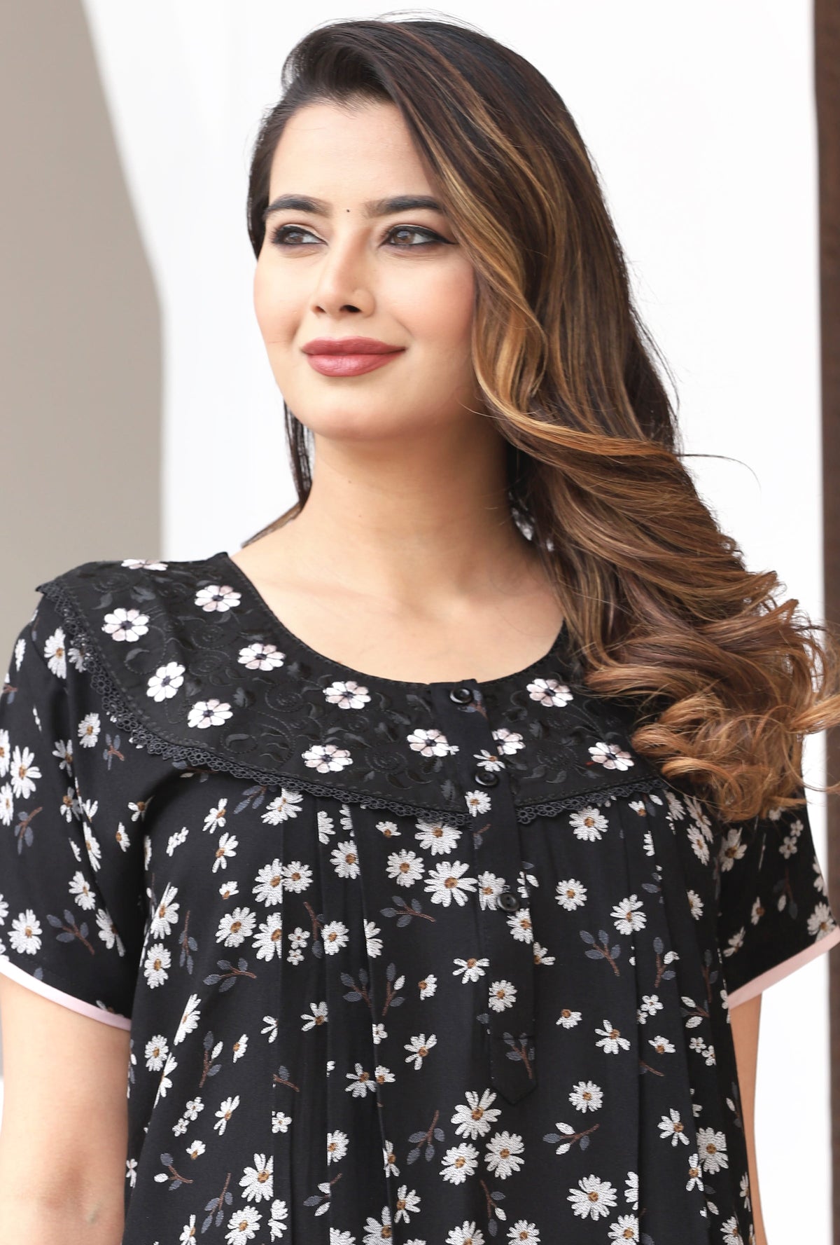 Womens Jet Black Alpine Fabric Daisy Floral Printed Maxi Nighty | Premium Soft Full Length Nightgown with Side Pocket