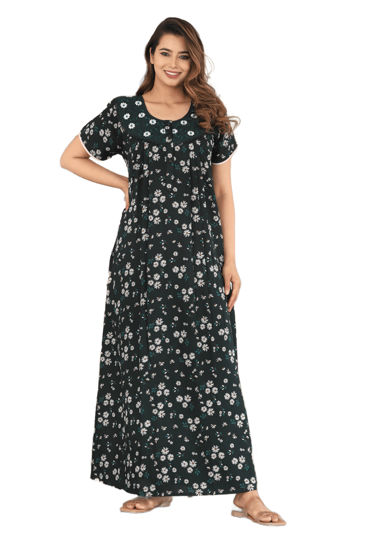 Womens Bottle Green Alpine Fabric Daisy Floral Printed Maxi Nighty | Premium Soft Full Length Nightgown with Side Pocket