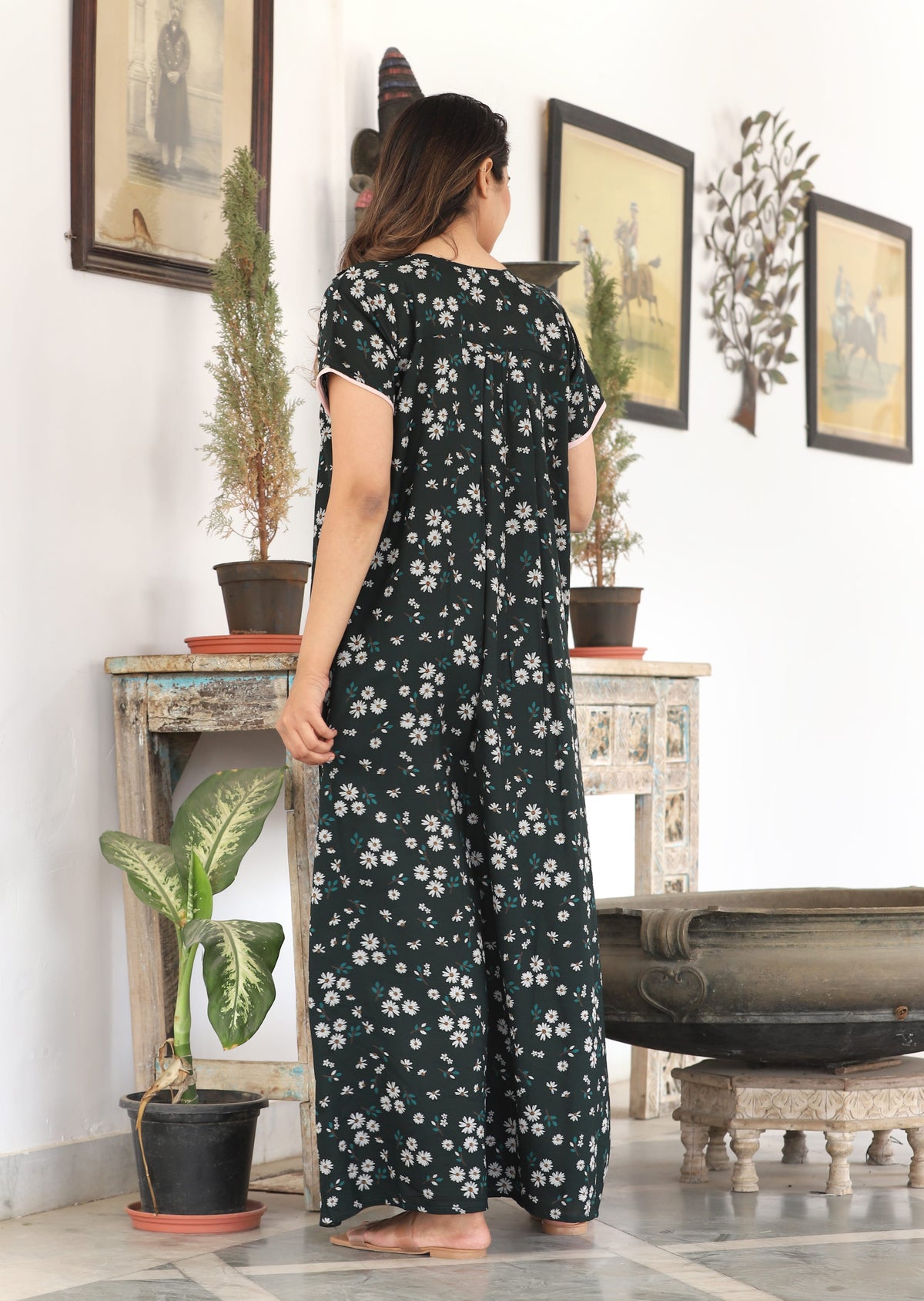 Womens Bottle Green Alpine Fabric Daisy Floral Printed Maxi Nighty | Premium Soft Full Length Nightgown with Side Pocket