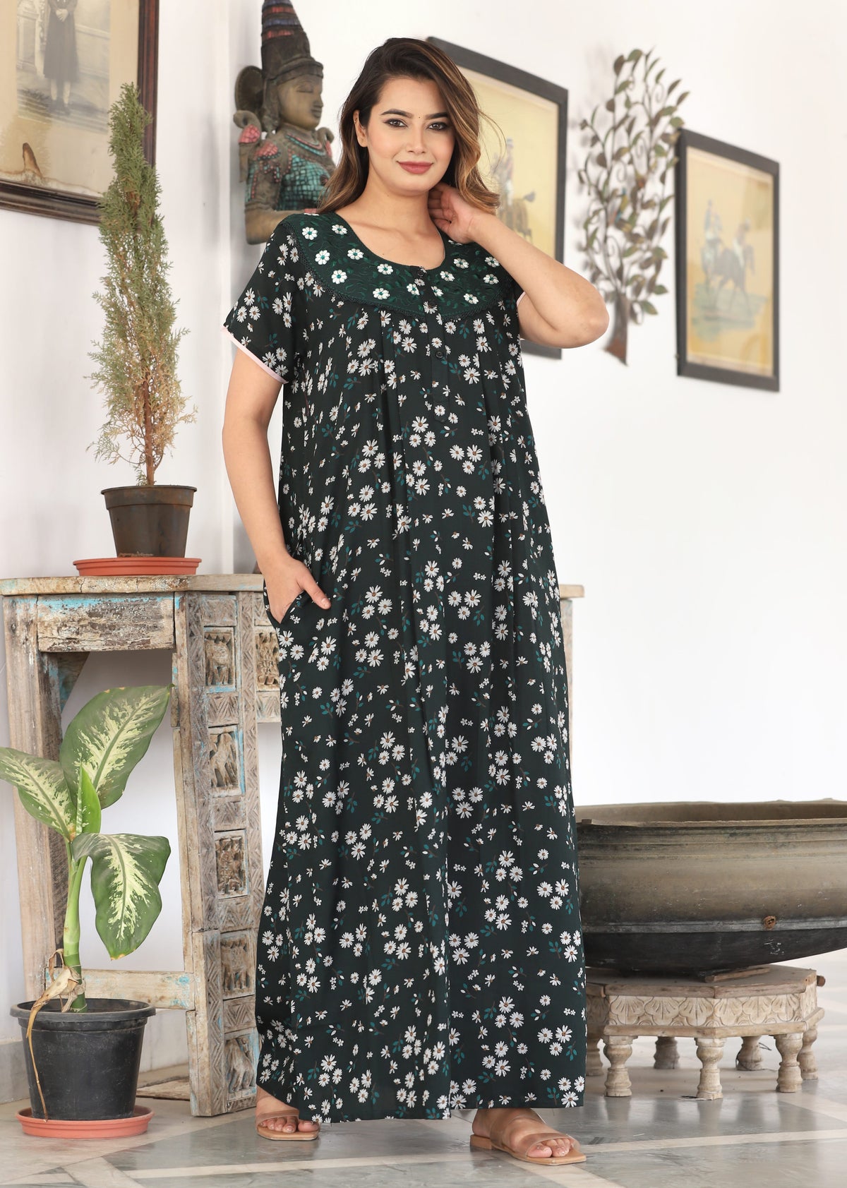 Womens Bottle Green Alpine Fabric Daisy Floral Printed Maxi Nighty | Premium Soft Full Length Nightgown with Side Pocket