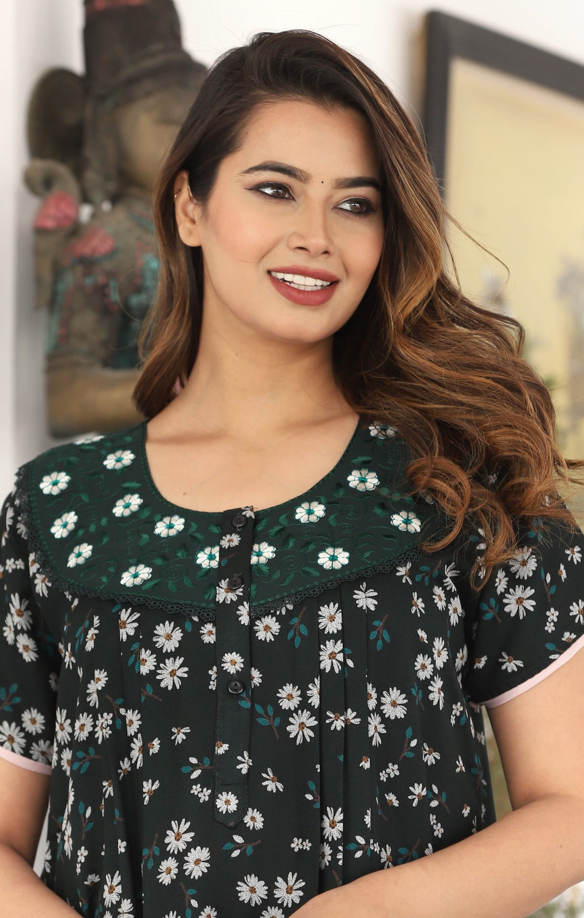 Womens Bottle Green Alpine Fabric Daisy Floral Printed Maxi Nighty | Premium Soft Full Length Nightgown with Side Pocket