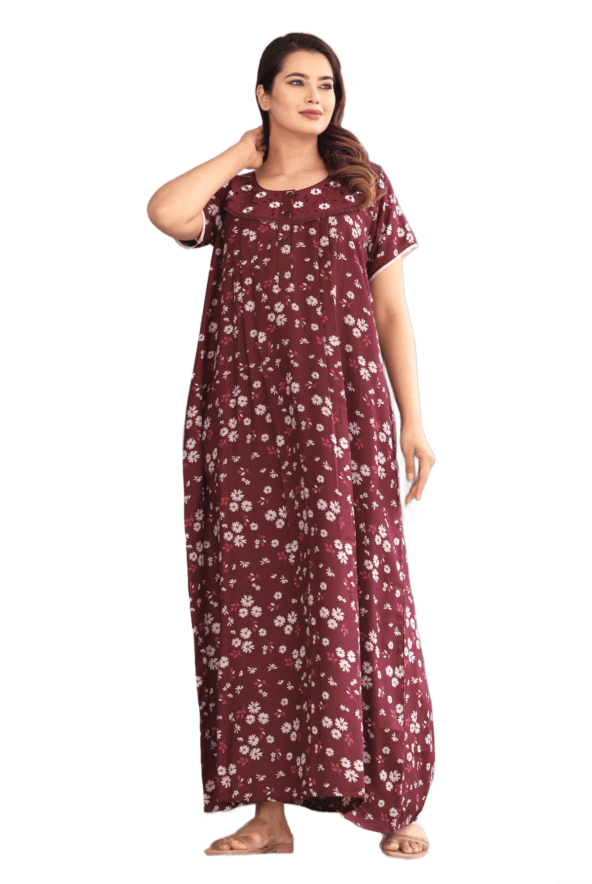 Womens Maroon Alpine Fabric Daisy Floral Printed Maxi Nighty | Premium Soft Full Length Nightgown with Side Pocket