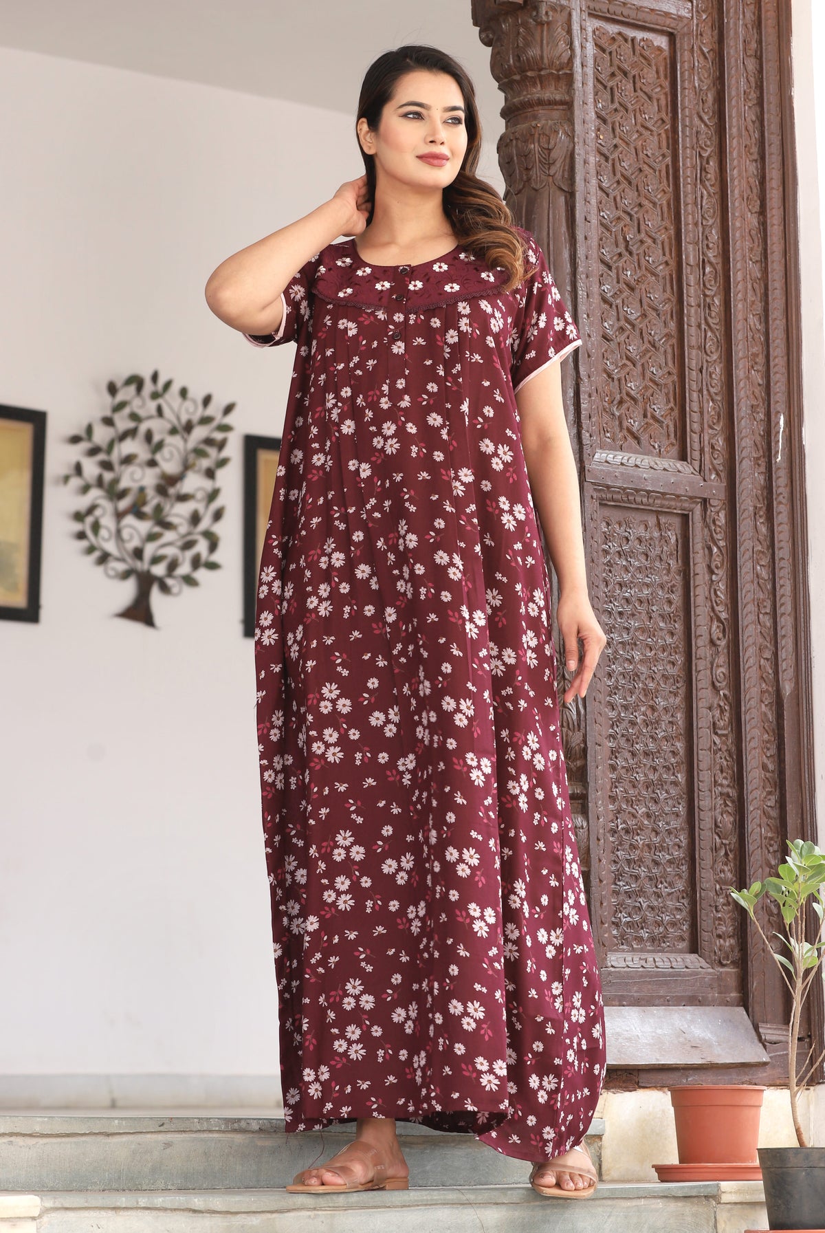 Womens Maroon Alpine Fabric Daisy Floral Printed Maxi Nighty | Premium Soft Full Length Nightgown with Side Pocket