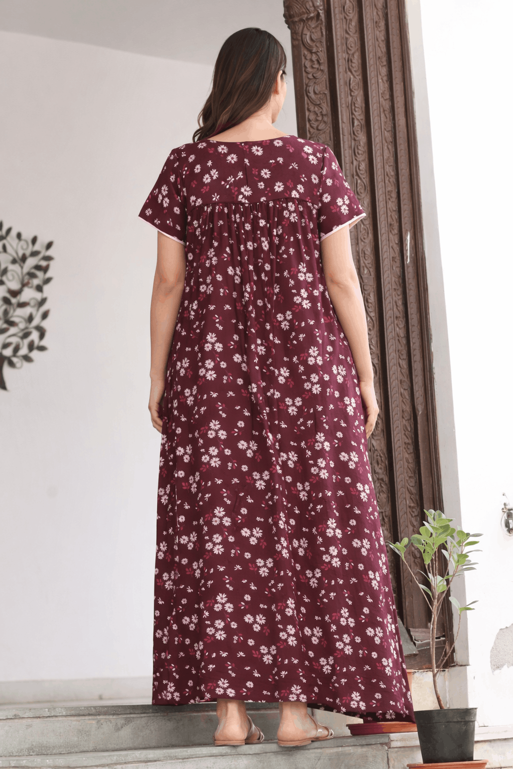 Womens Maroon Alpine Fabric Daisy Floral Printed Maxi Nighty | Premium Soft Full Length Nightgown with Side Pocket