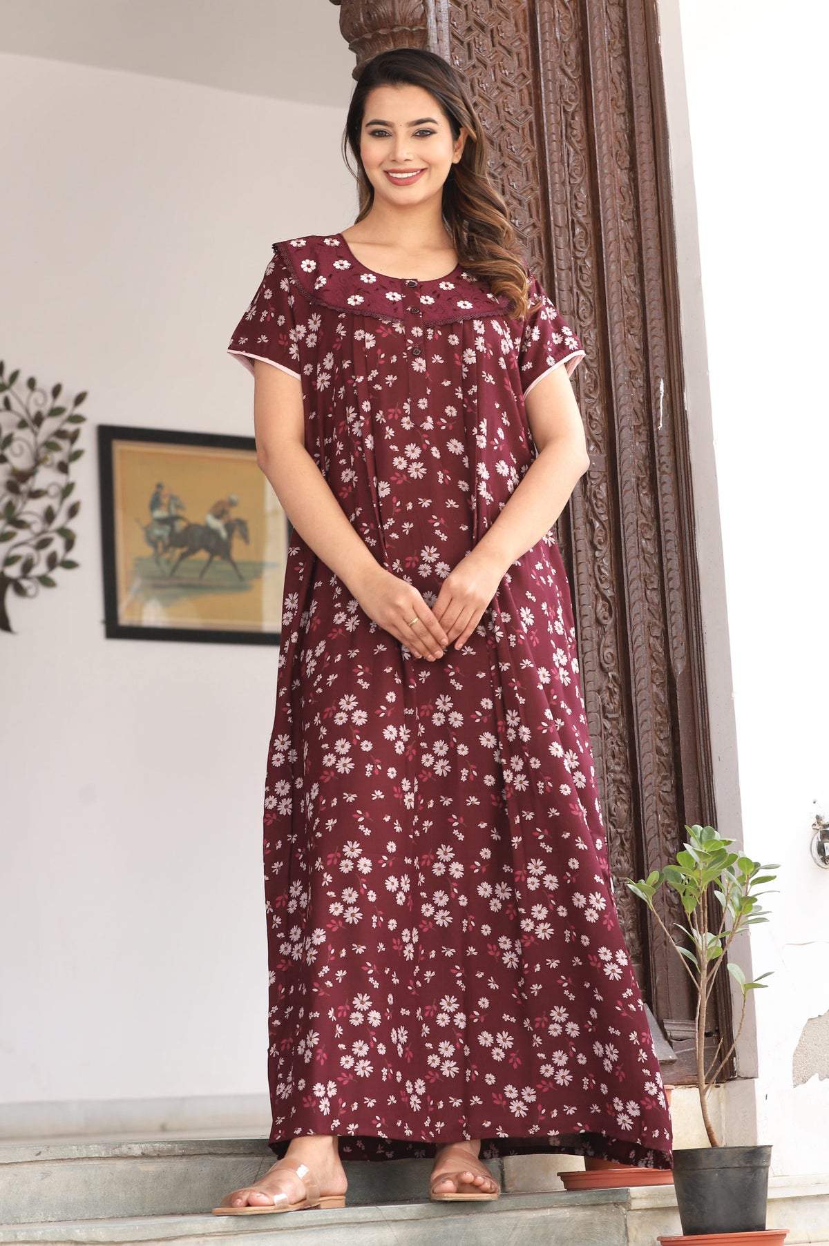 Womens Maroon Alpine Fabric Daisy Floral Printed Maxi Nighty | Premium Soft Full Length Nightgown with Side Pocket