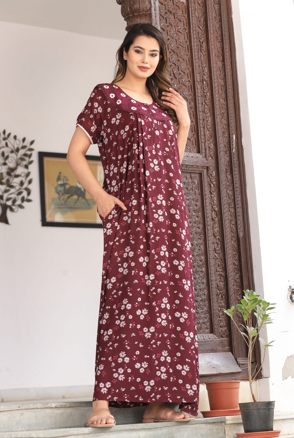 Womens Maroon Alpine Fabric Daisy Floral Printed Maxi Nighty | Premium Soft Full Length Nightgown with Side Pocket
