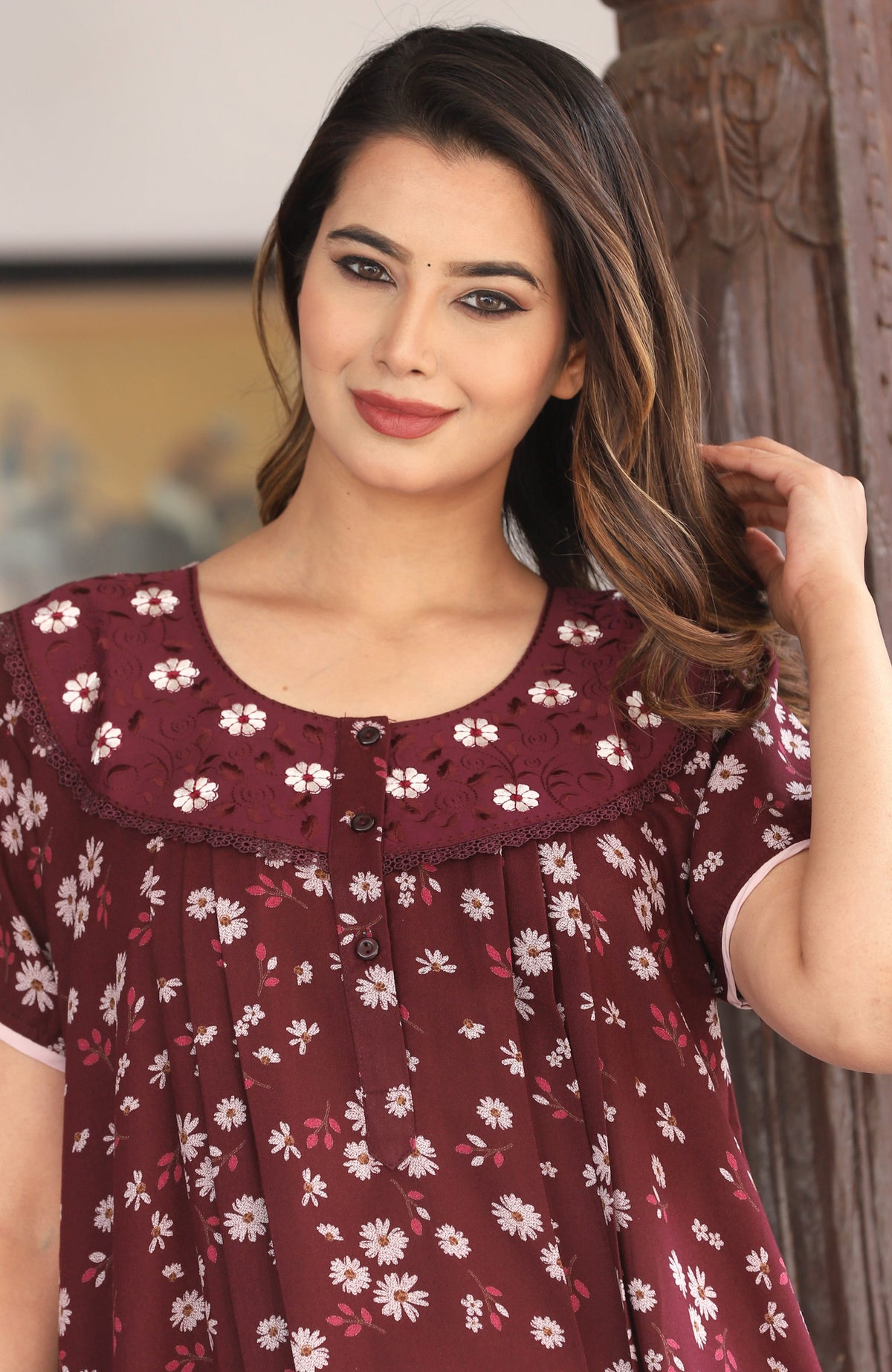 Womens Maroon Alpine Fabric Daisy Floral Printed Maxi Nighty | Premium Soft Full Length Nightgown with Side Pocket