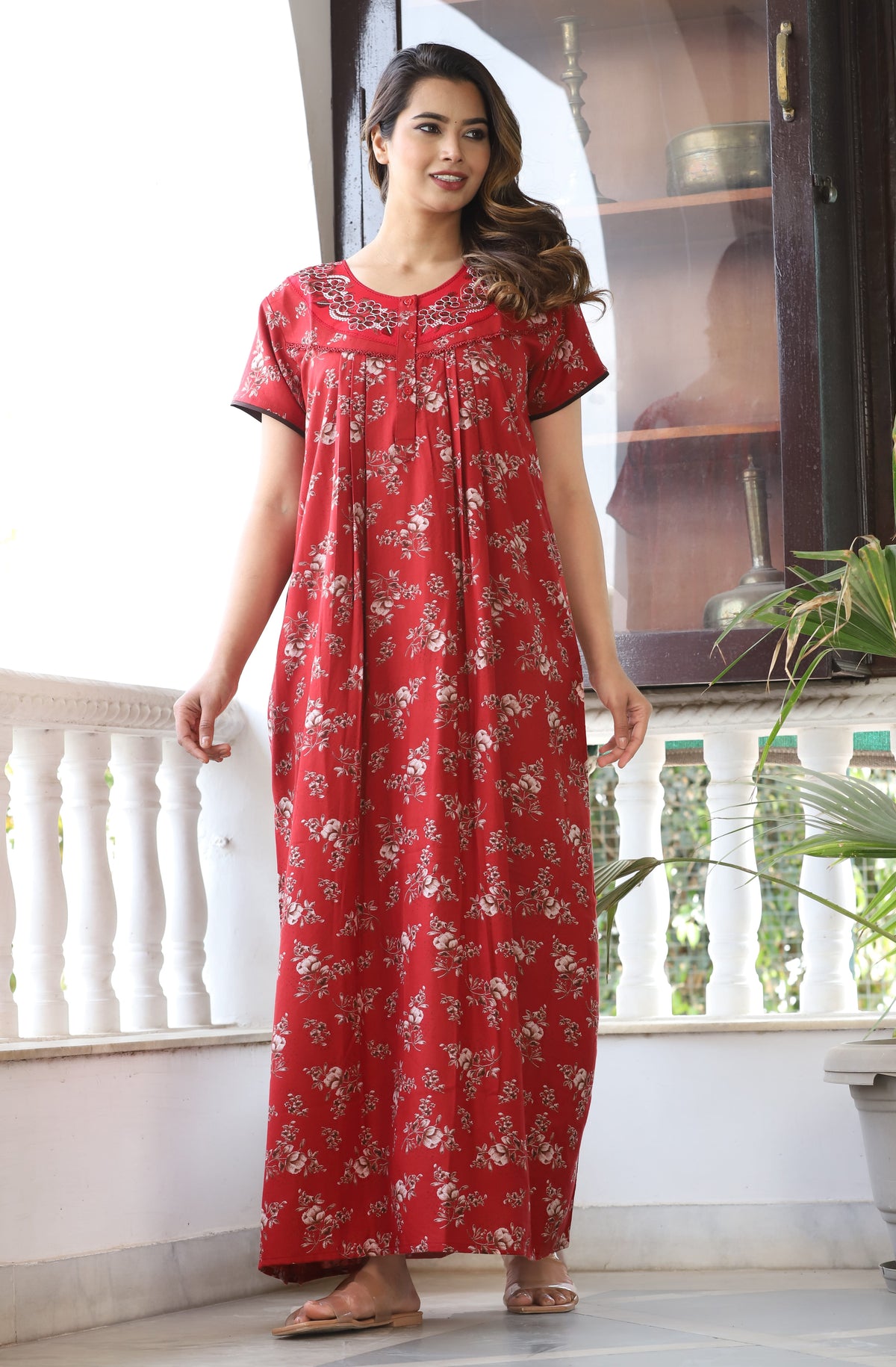 Womens Crimson Red Alpine Fabric Floral Printed Maxi Nighty | Premium Soft Full Length Nightgown with Side Pocket