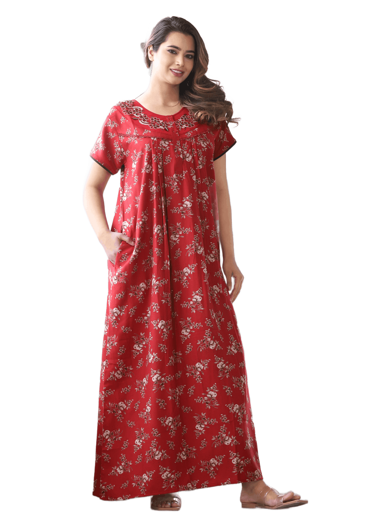 Womens Crimson Red Alpine Fabric Floral Printed Maxi Nighty | Premium Soft Full Length Nightgown with Side Pocket