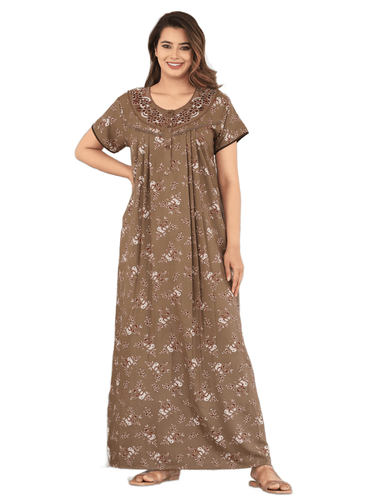 Womens Coffee Brown Alpine Fabric Floral Printed Maxi Nighty | Premium Soft Full Length Nightgown with Side Pocket