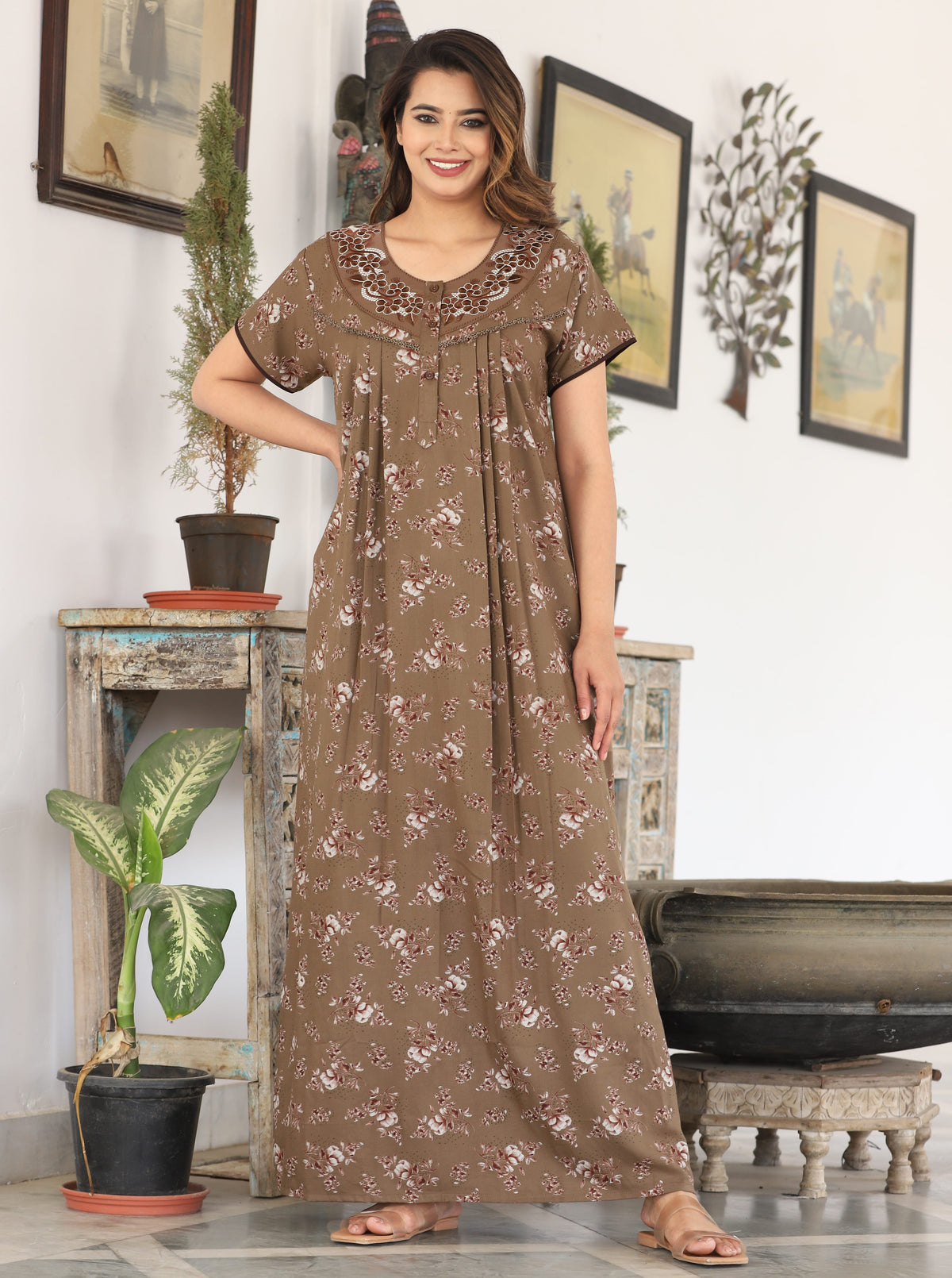 Womens Coffee Brown Alpine Fabric Floral Printed Maxi Nighty | Premium Soft Full Length Nightgown with Side Pocket