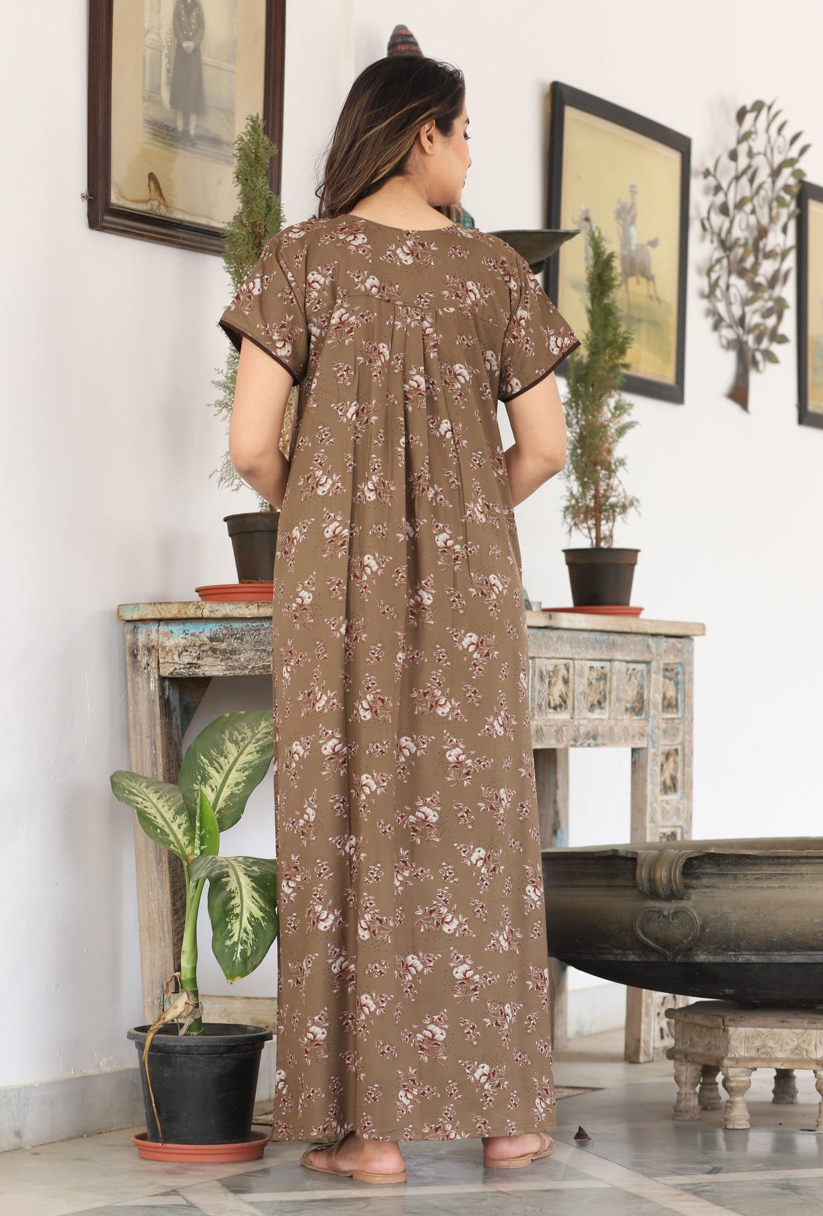 Womens Coffee Brown Alpine Fabric Floral Printed Maxi Nighty | Premium Soft Full Length Nightgown with Side Pocket