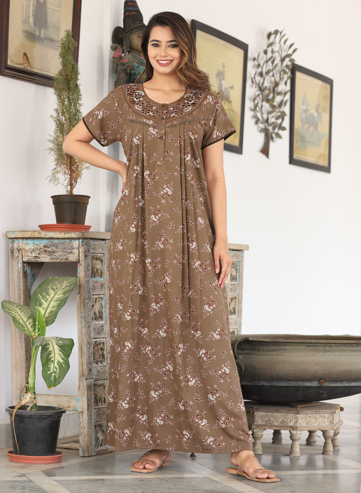 Womens Coffee Brown Alpine Fabric Floral Printed Maxi Nighty | Premium Soft Full Length Nightgown with Side Pocket
