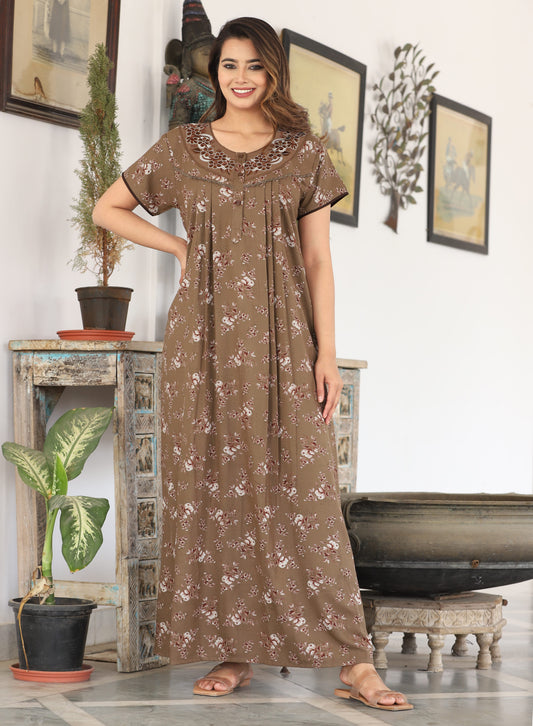 Womens Coffee Brown Alpine Fabric Floral Printed Maxi Nighty | Premium Soft Full Length Nightgown with Side Pocket