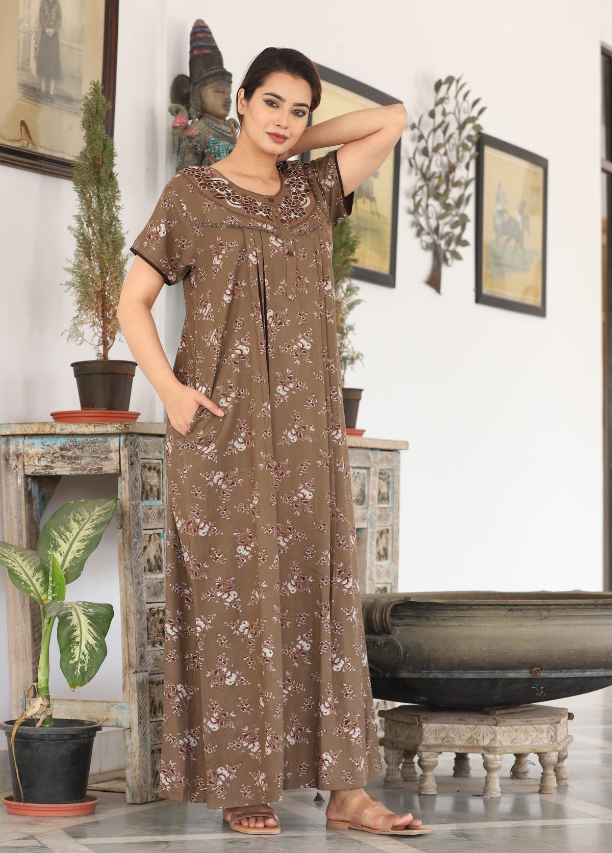 Womens Coffee Brown Alpine Fabric Floral Printed Maxi Nighty | Premium Soft Full Length Nightgown with Side Pocket