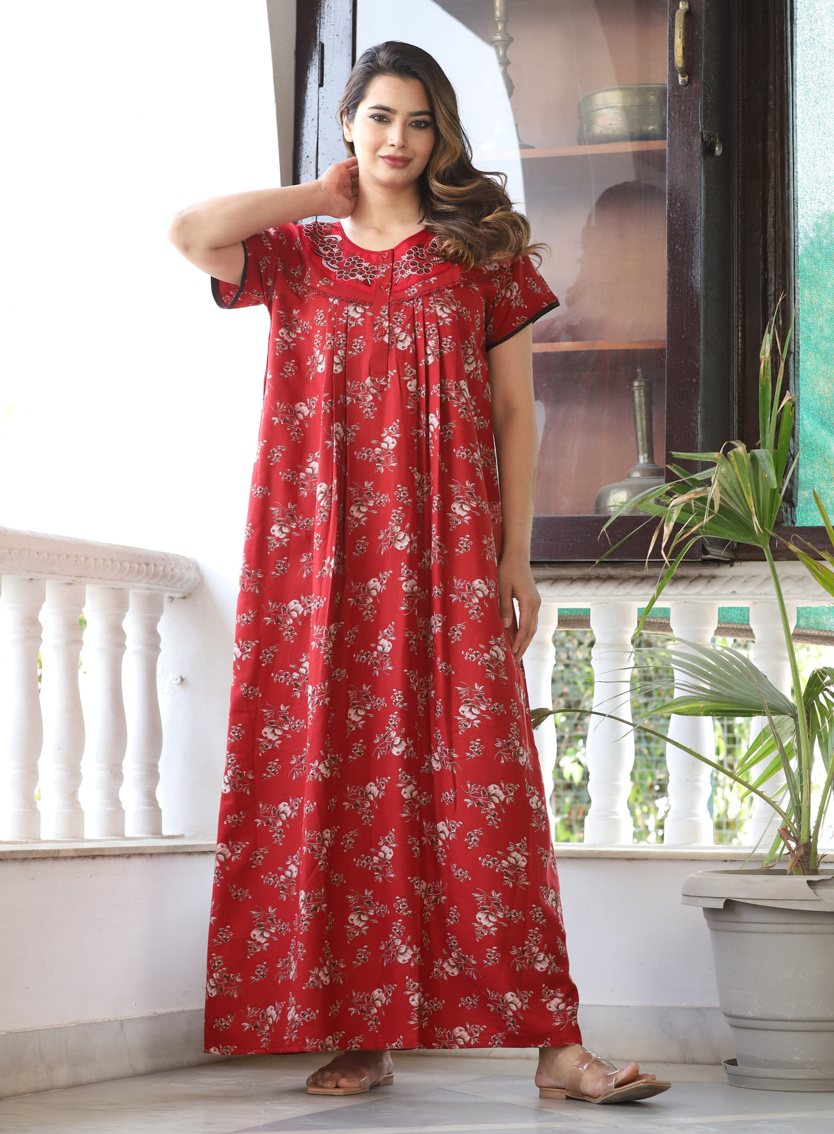 Womens Crimson Red Alpine Fabric Floral Printed Maxi Nighty | Premium Soft Full Length Nightgown with Side Pocket