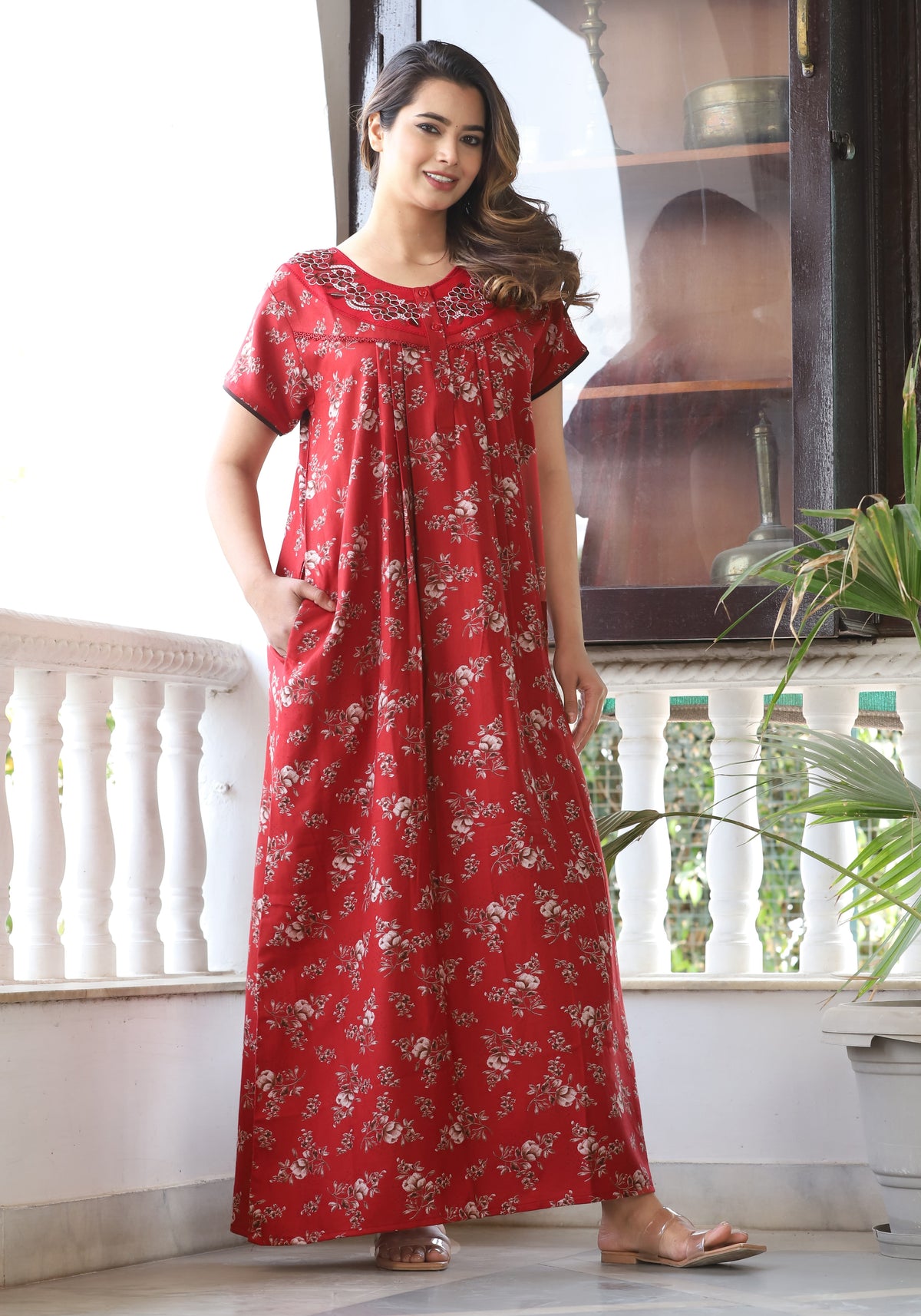 Womens Crimson Red Alpine Fabric Floral Printed Maxi Nighty | Premium Soft Full Length Nightgown with Side Pocket