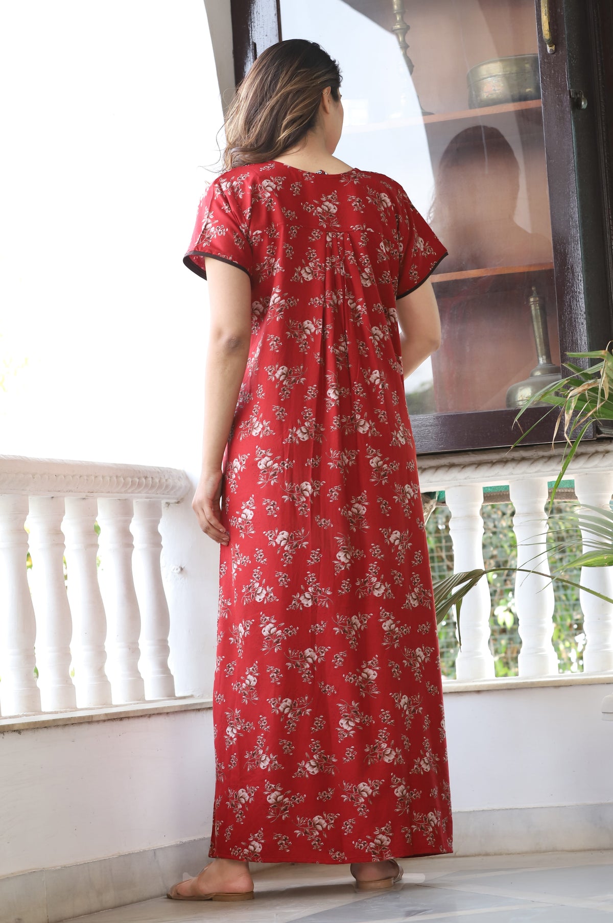 Womens Crimson Red Alpine Fabric Floral Printed Maxi Nighty | Premium Soft Full Length Nightgown with Side Pocket