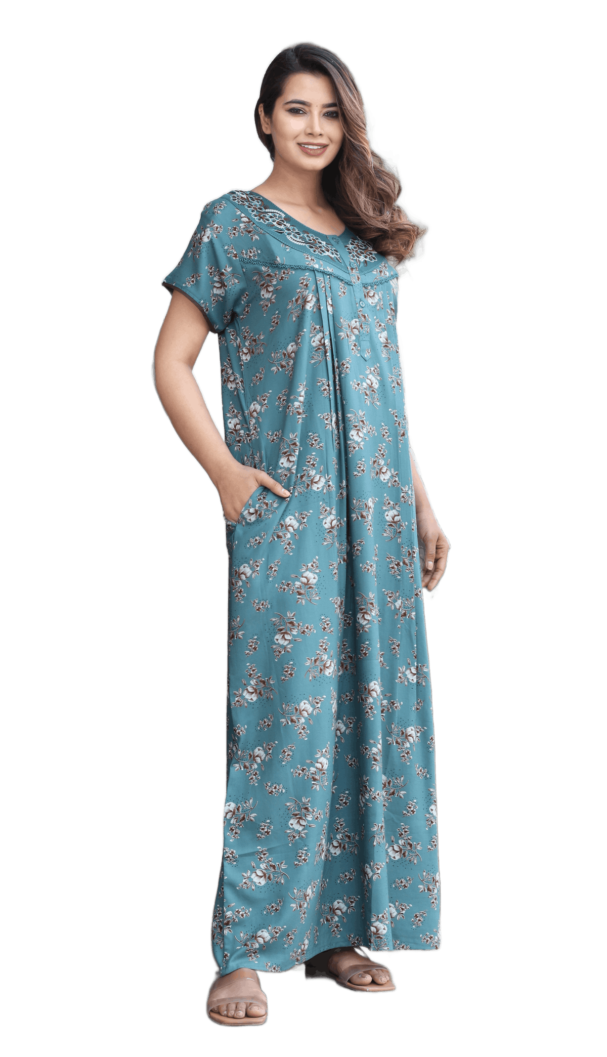 Womens Teal Blue Alpine Fabric Floral Printed Maxi Nighty | Premium Soft Full Length Nightgown with Side Pocket