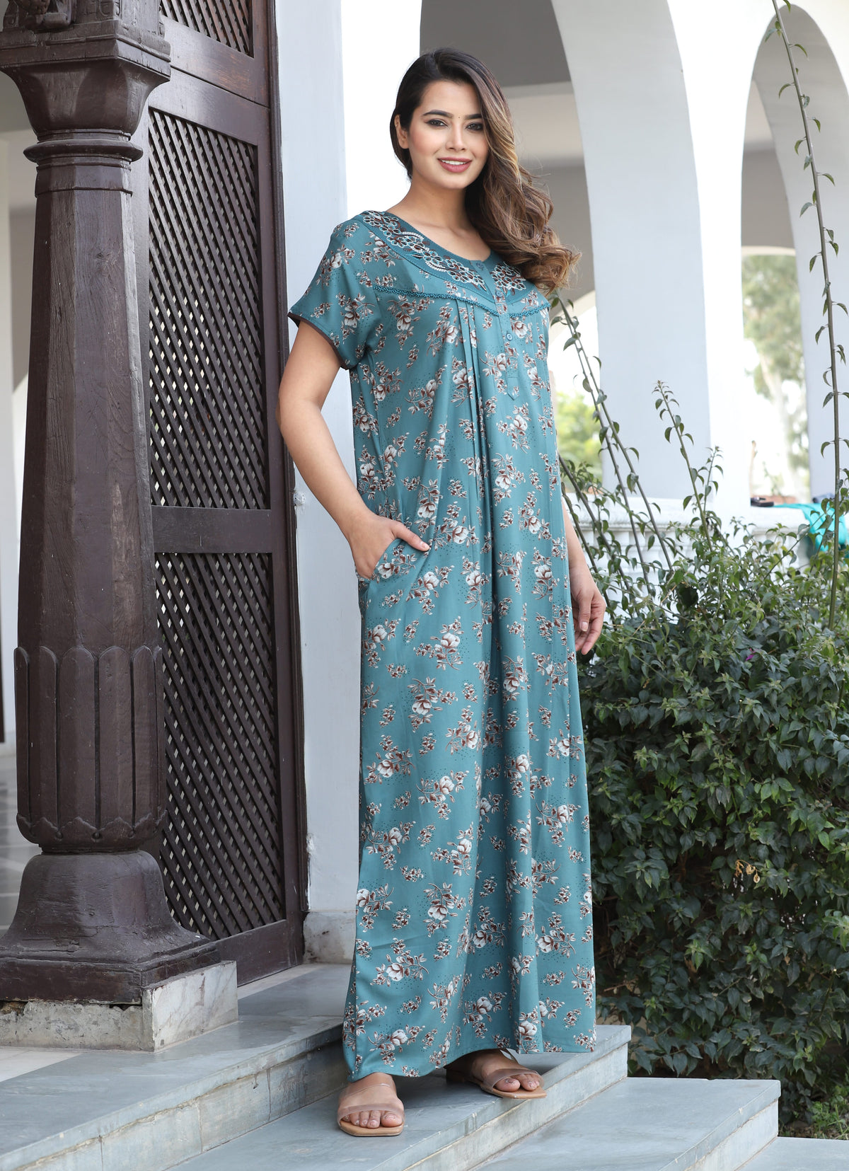 Womens Teal Blue Alpine Fabric Floral Printed Maxi Nighty | Premium Soft Full Length Nightgown with Side Pocket